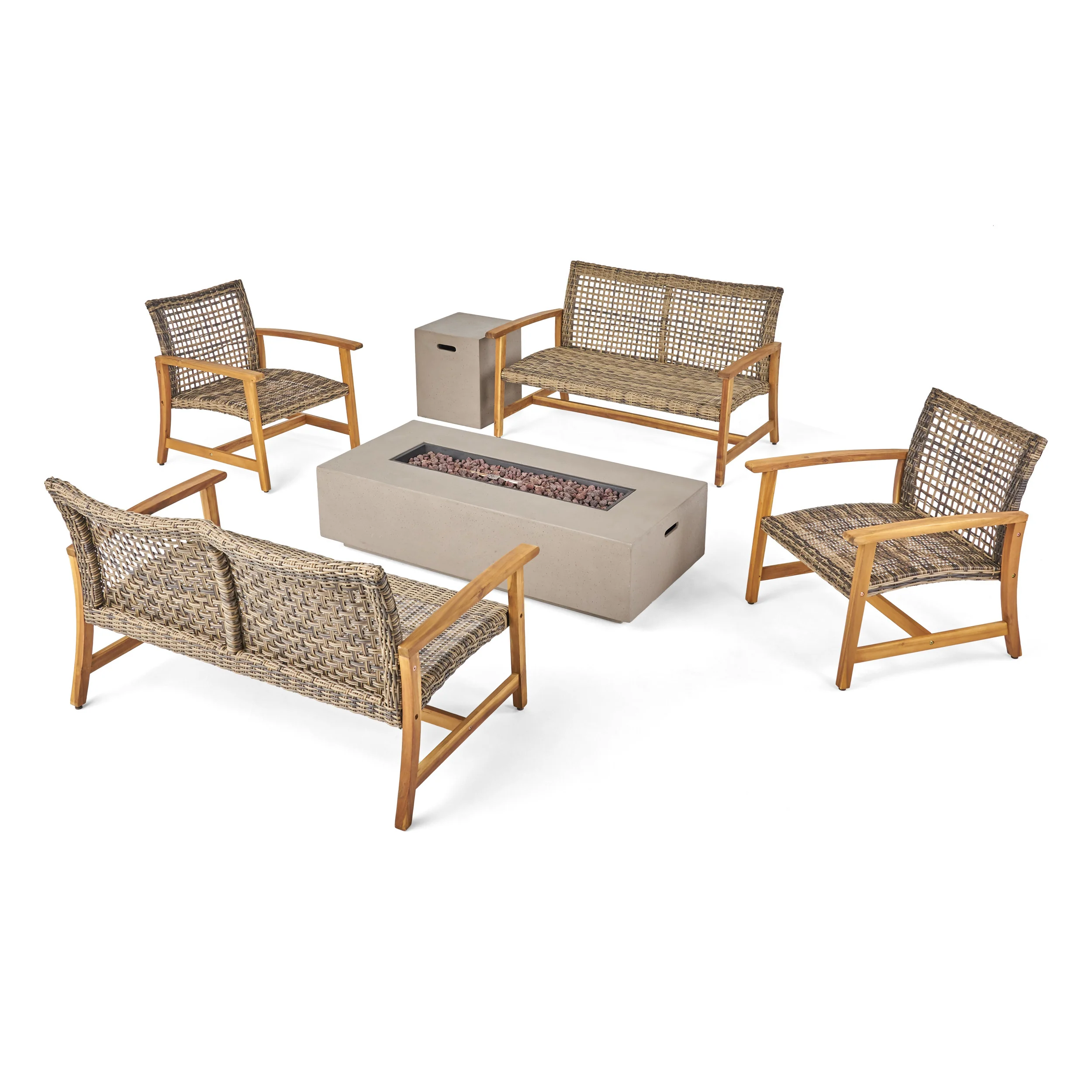 Tabby Outdoor 6 Seater Wood and Wicker Chat Set with Fire Pit - furnishings
