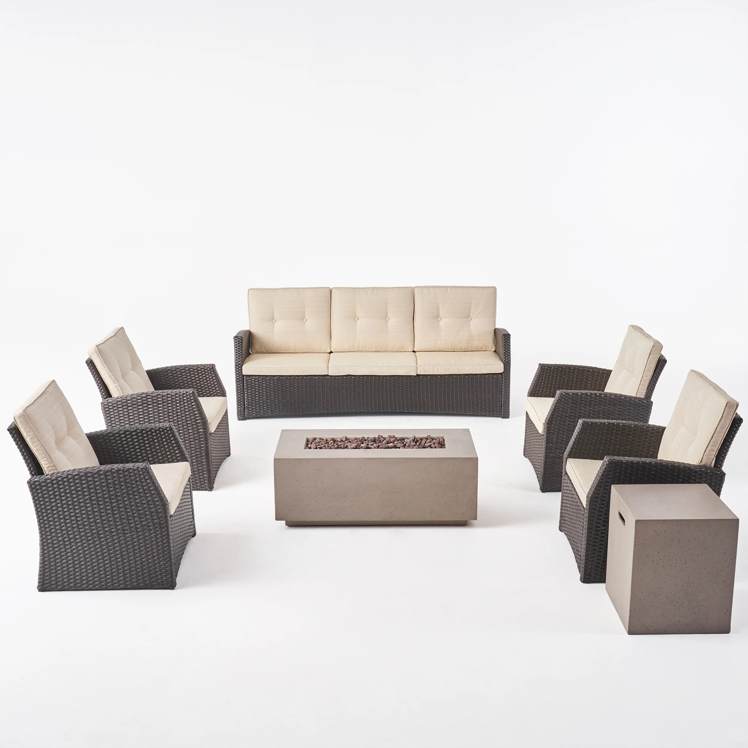 Roswell Outdoor 7 Seater Wicker Chat Set with Light Weight Concrete Fire Pit - furnishings