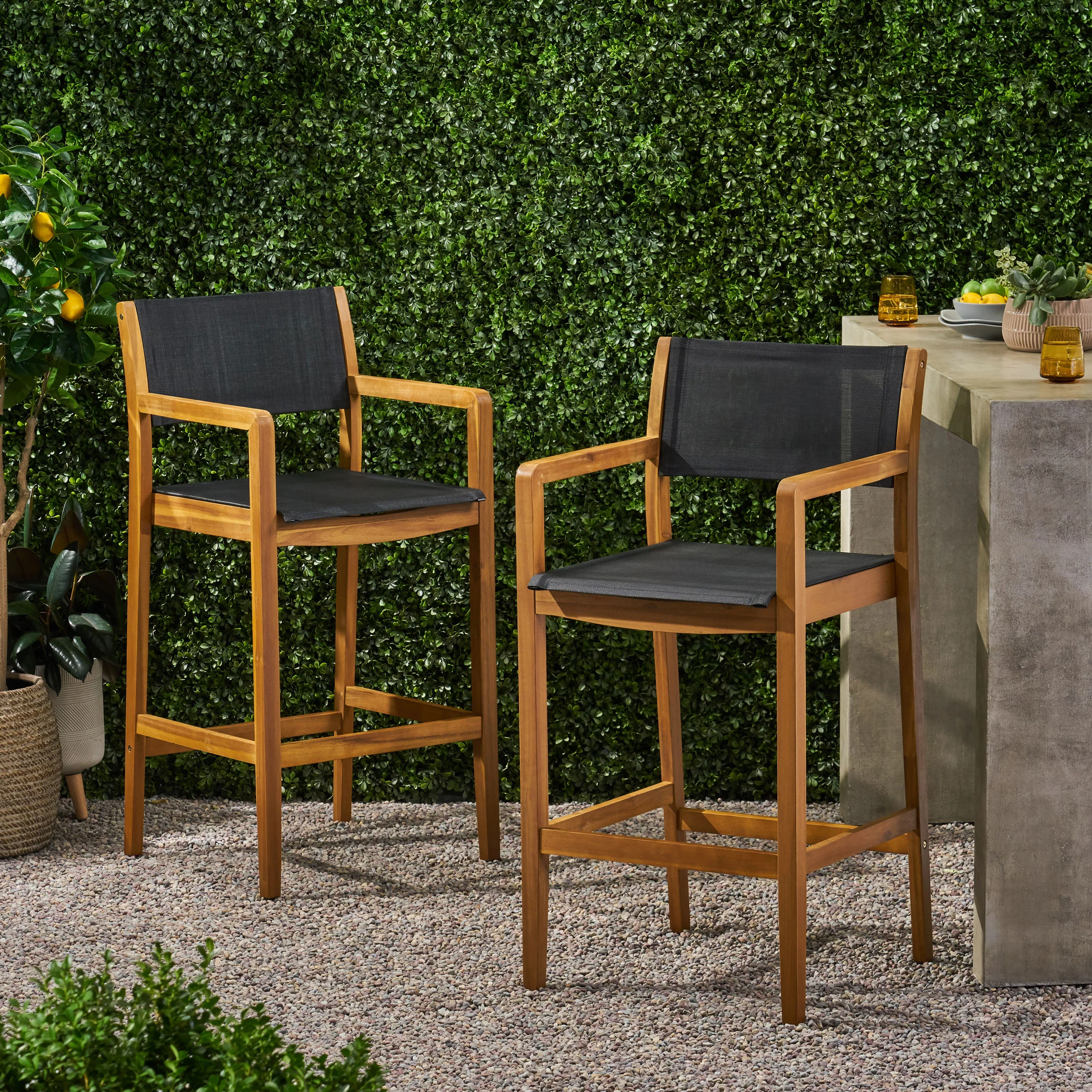 Daiquan Outdoor Acacia Wood Barstools with Outdoor Mesh (Set of 2) - furnishings