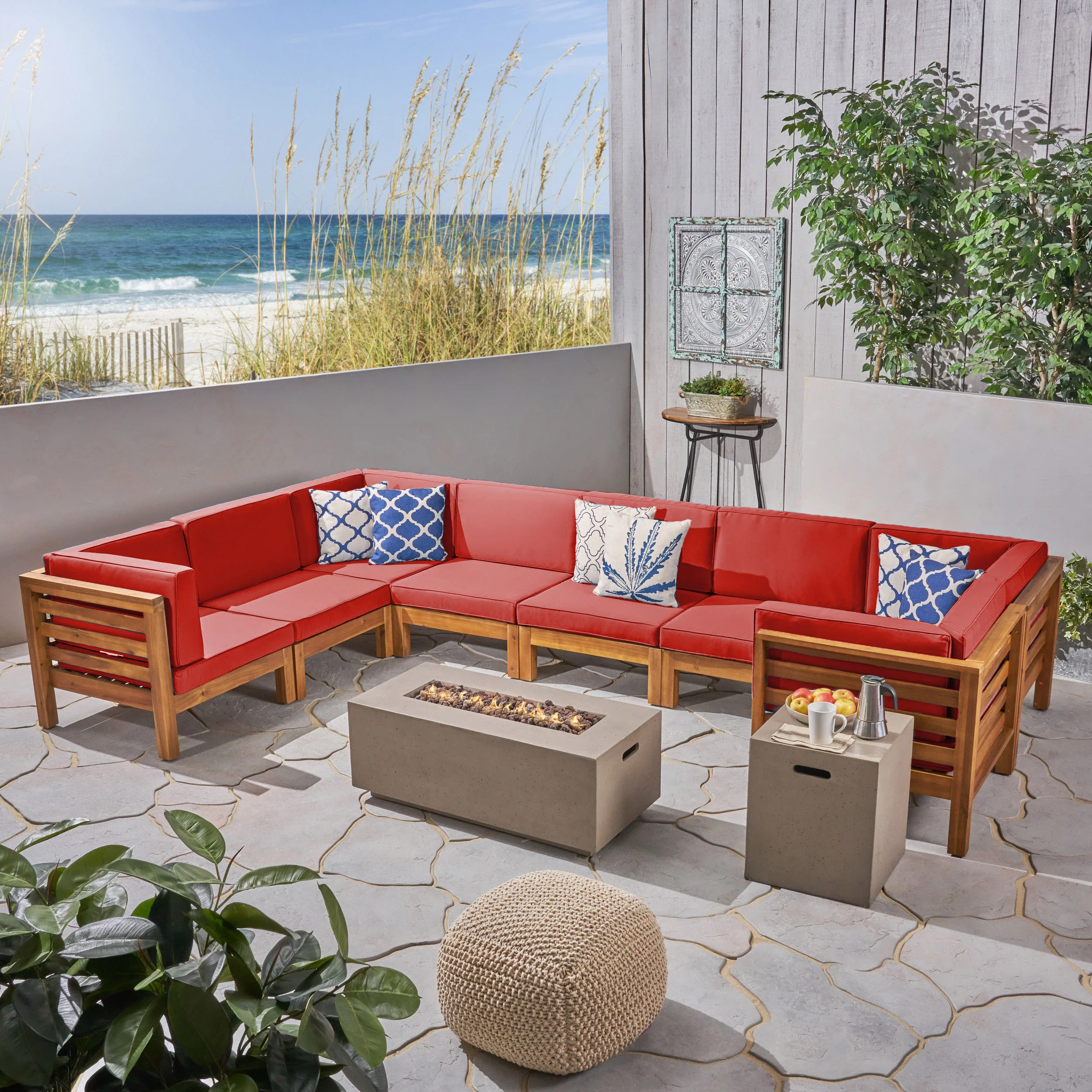 Ravello Outdoor U-Shaped Sectional Sofa Set with Fire Pit - furnishings