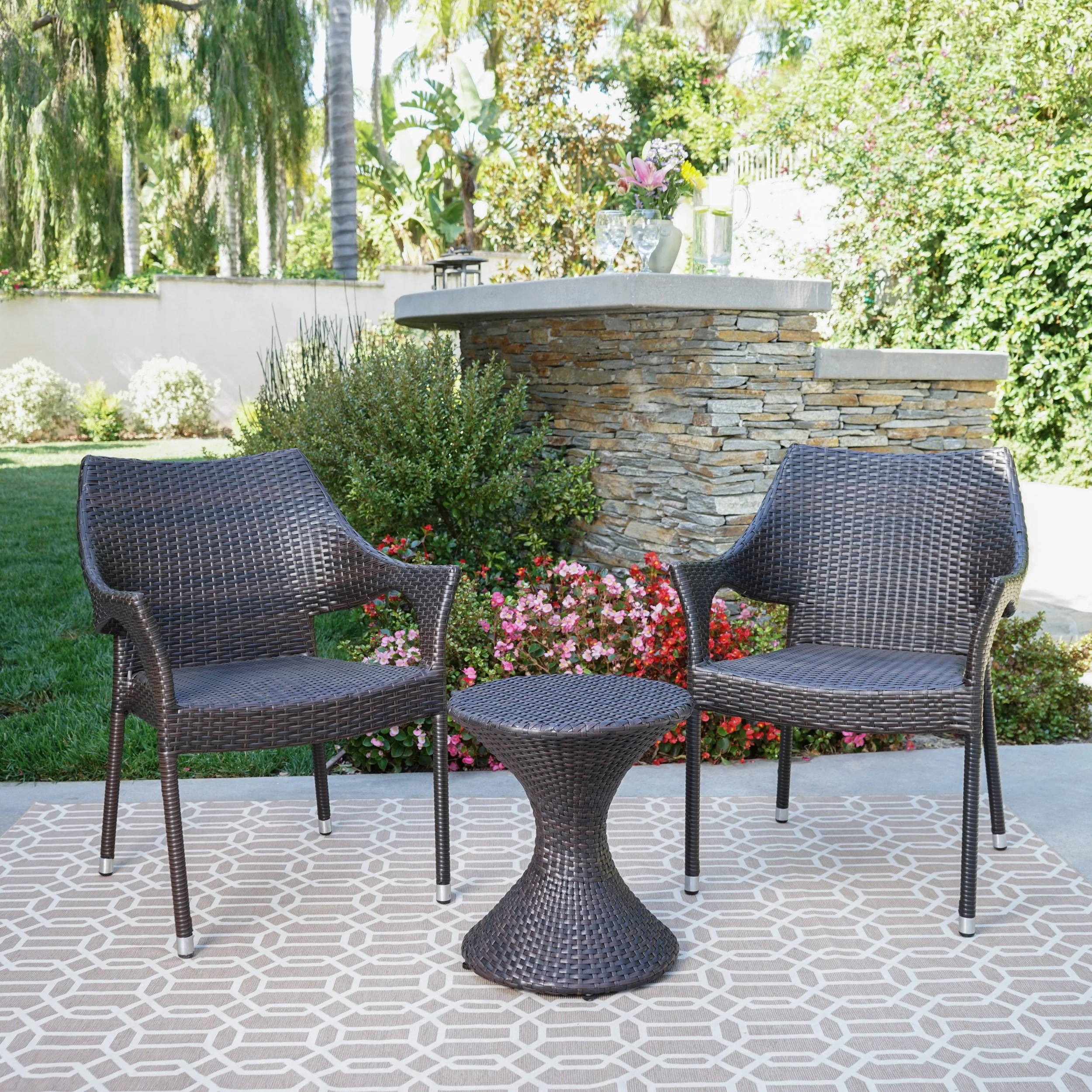 Axelrod Outdoor 3 Piece Multi-Brown Wicker Chat Set with Stacking Chairs - furnishings