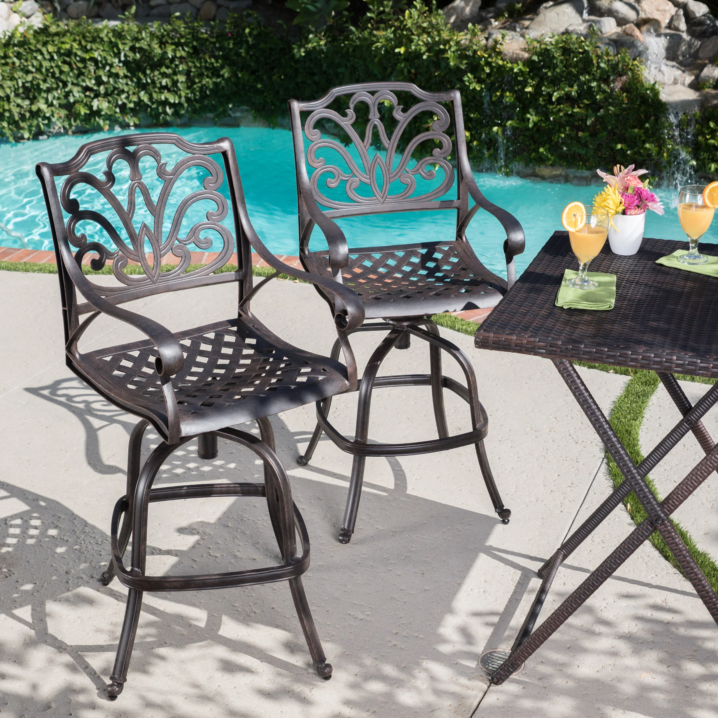 Calandra 30-Inch Outdoor Bronze Finished Cast Aluminum Barstools - furnishings