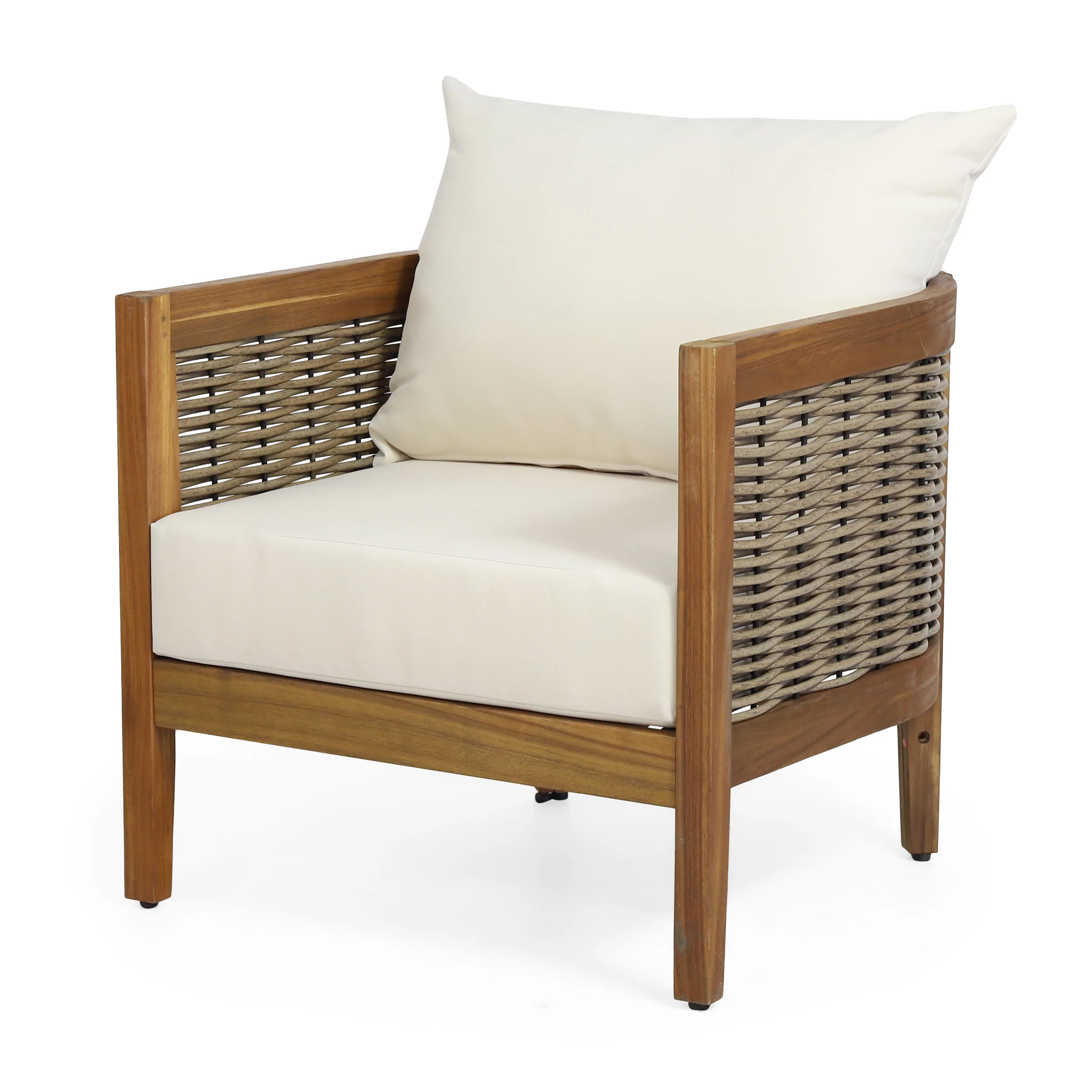 The Crowne Collection Outdoor Acacia Wood and Wicker Club Chair with Cushions, Teak, Mixed Brown, and Beige - furnishings