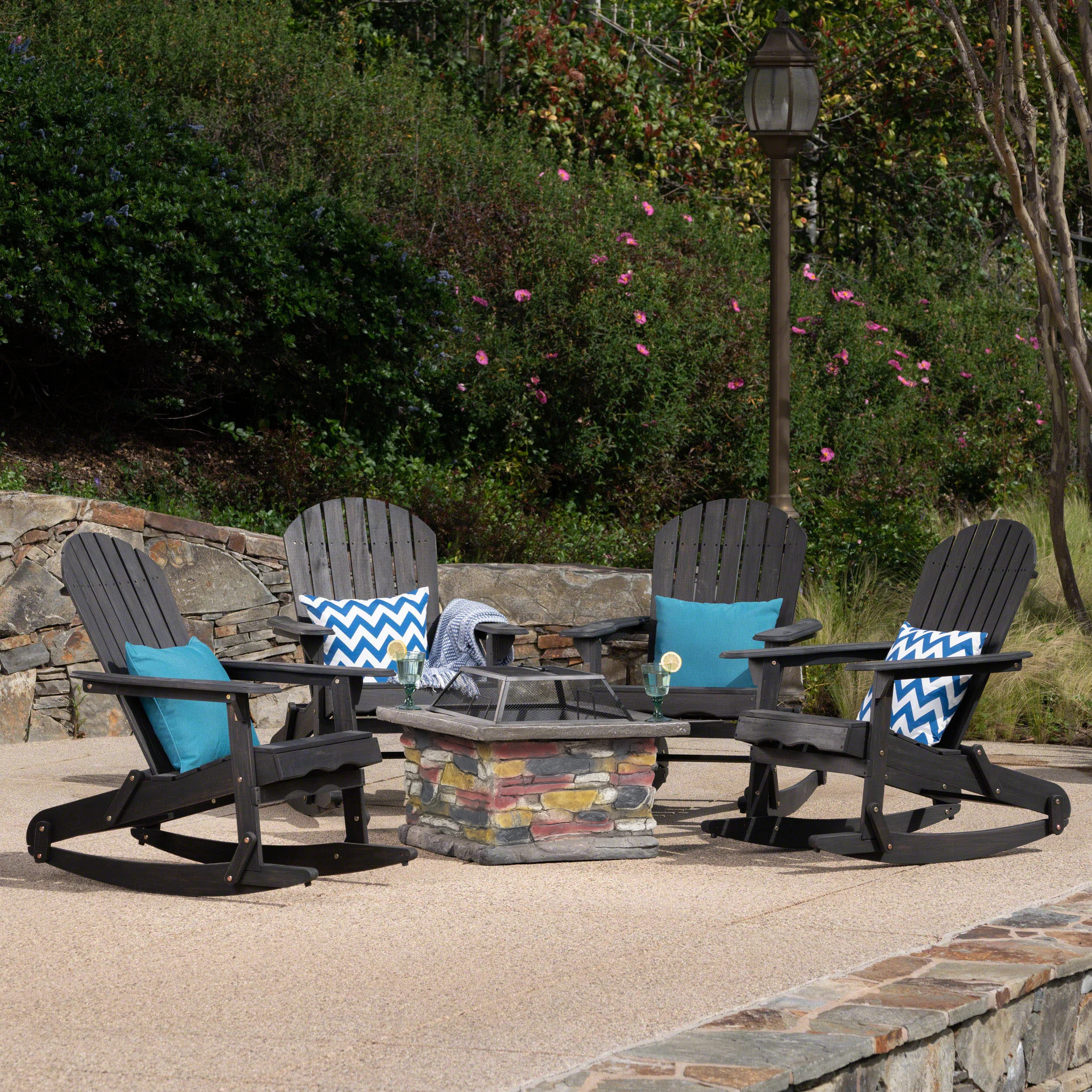Benson Outdoor 5 Piece Acacia Wood/ Light Weight Concrete Adirondack Chair Set with Fire Pit - furnishings