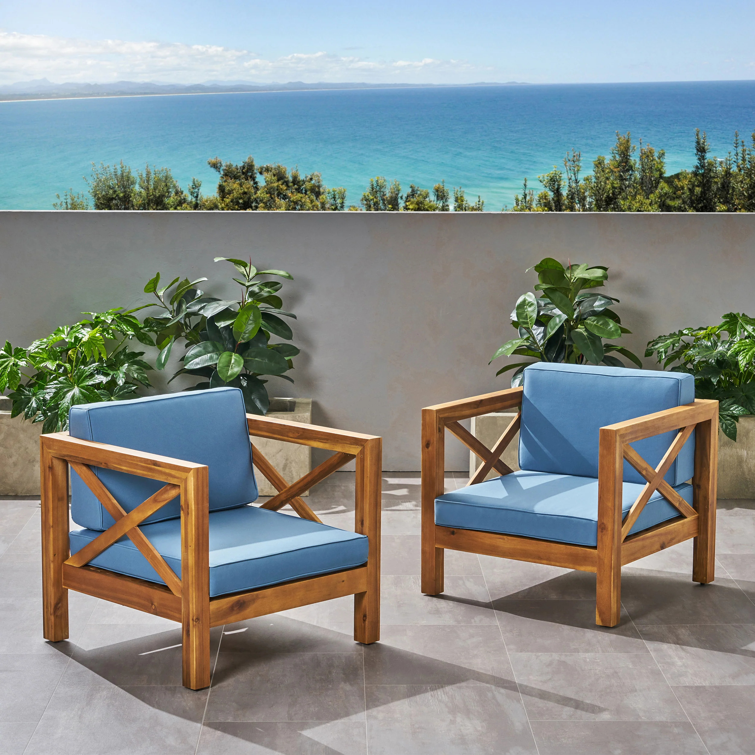 Indira Outdoor Acacia Wood Club Chairs with Cushions (Set of 2) - furnishings