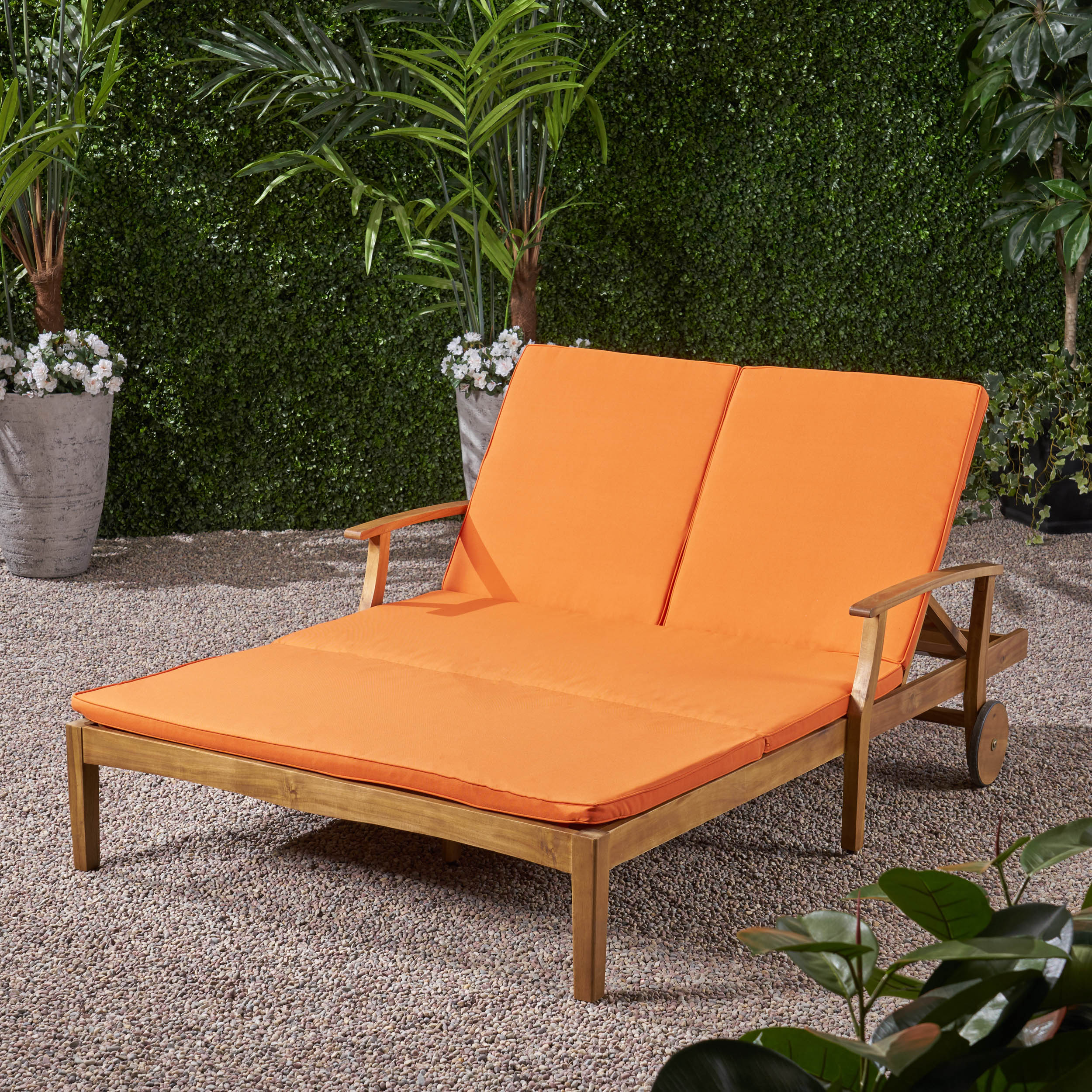Samantha Double Chaise Lounge for Yard and Patio, Acacia Wood Frame - furnishings