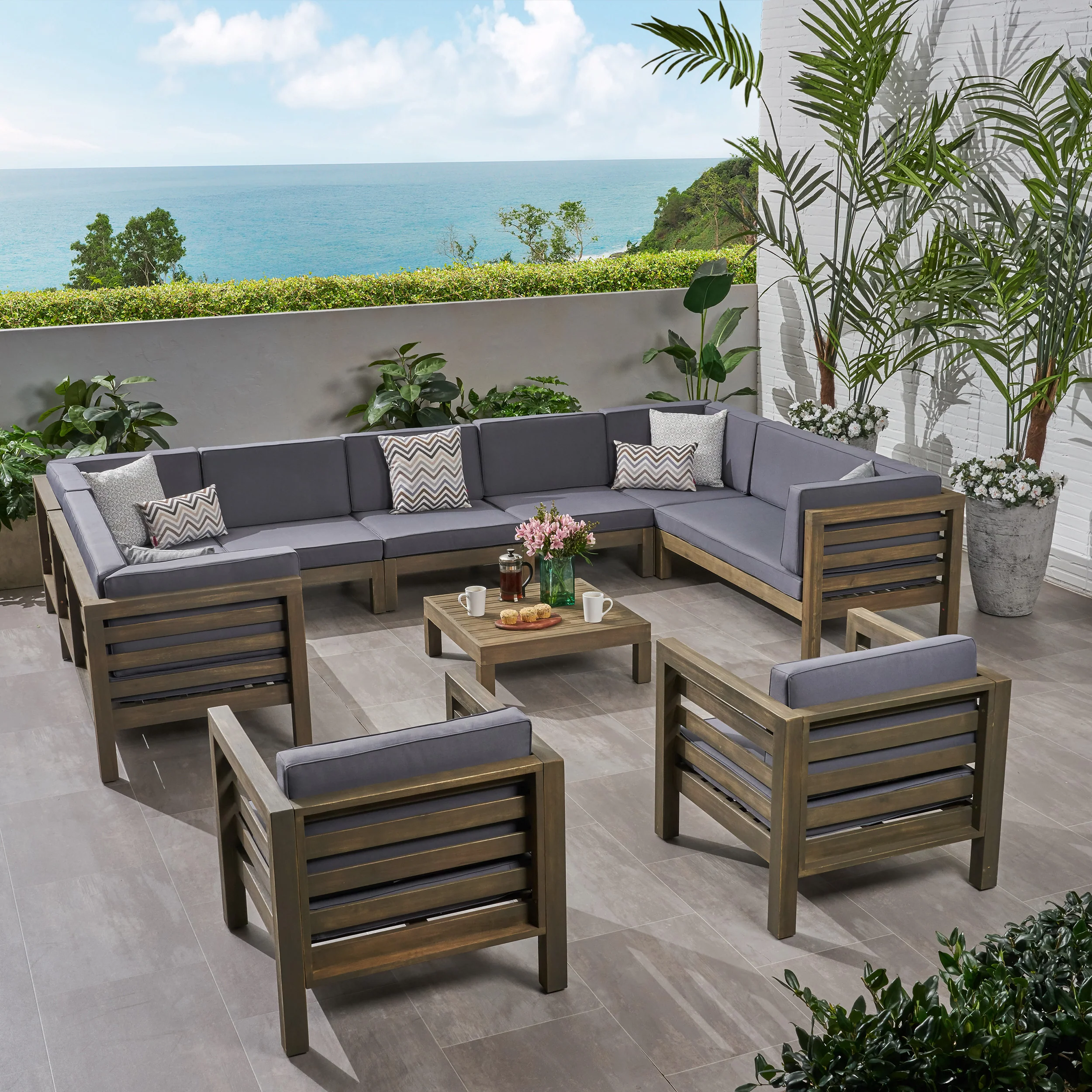 Emma Outdoor 11 Seater Acacia Wood Sectional Sofa and Club Chair Set - furnishings