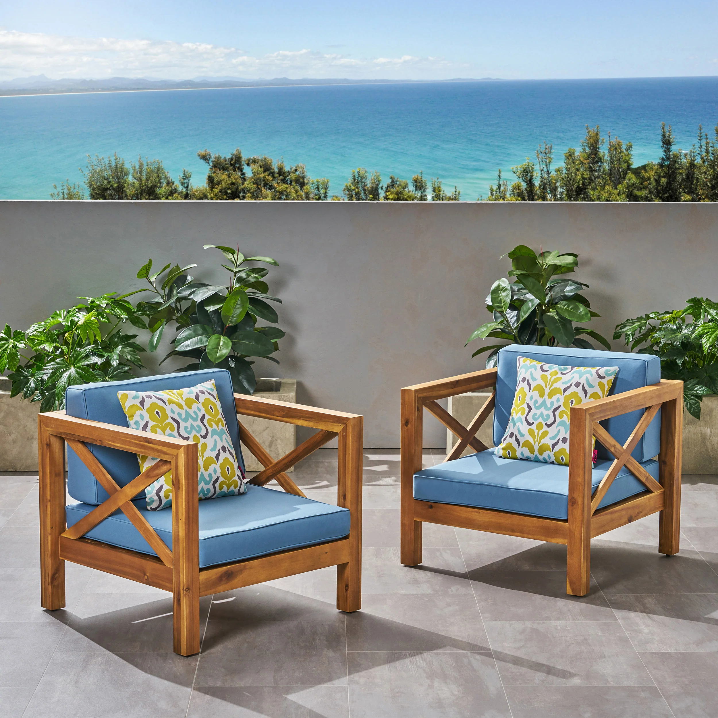 Indira Outdoor Acacia Wood Club Chairs with Cushions (Set of 2) - furnishings