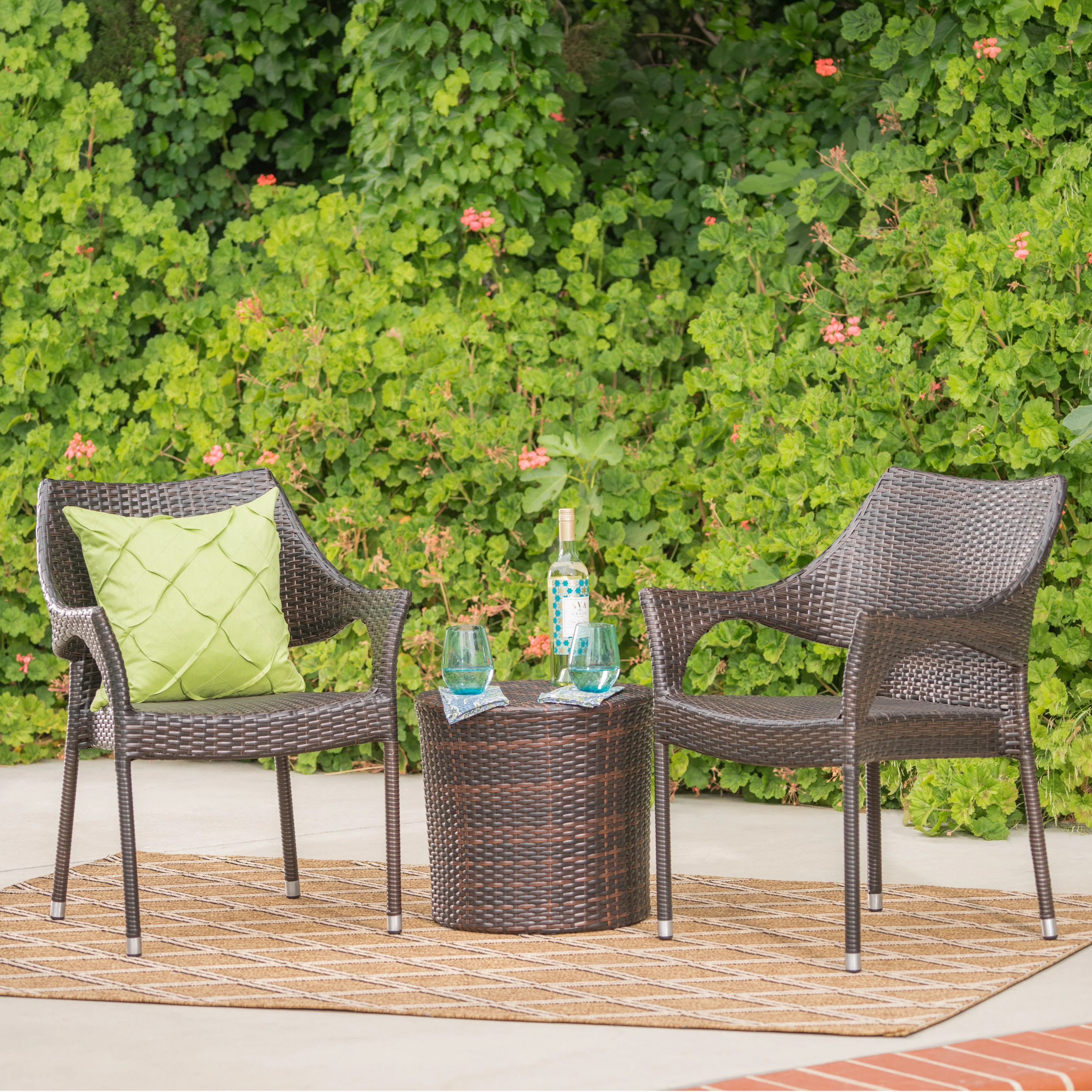 Alfheimr Outdoor 3 Piece Multi-brown Wicker Stacking Chair Chat Set - furnishings