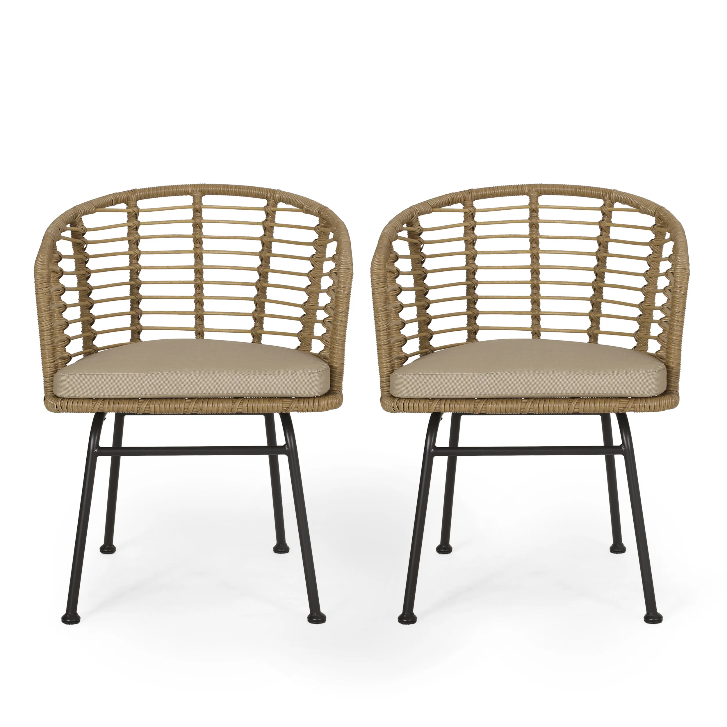 Monture Outdoor Wicker Chair with Water Resistant Cushion, Set of 2, Light Brown and Beige - furnishings