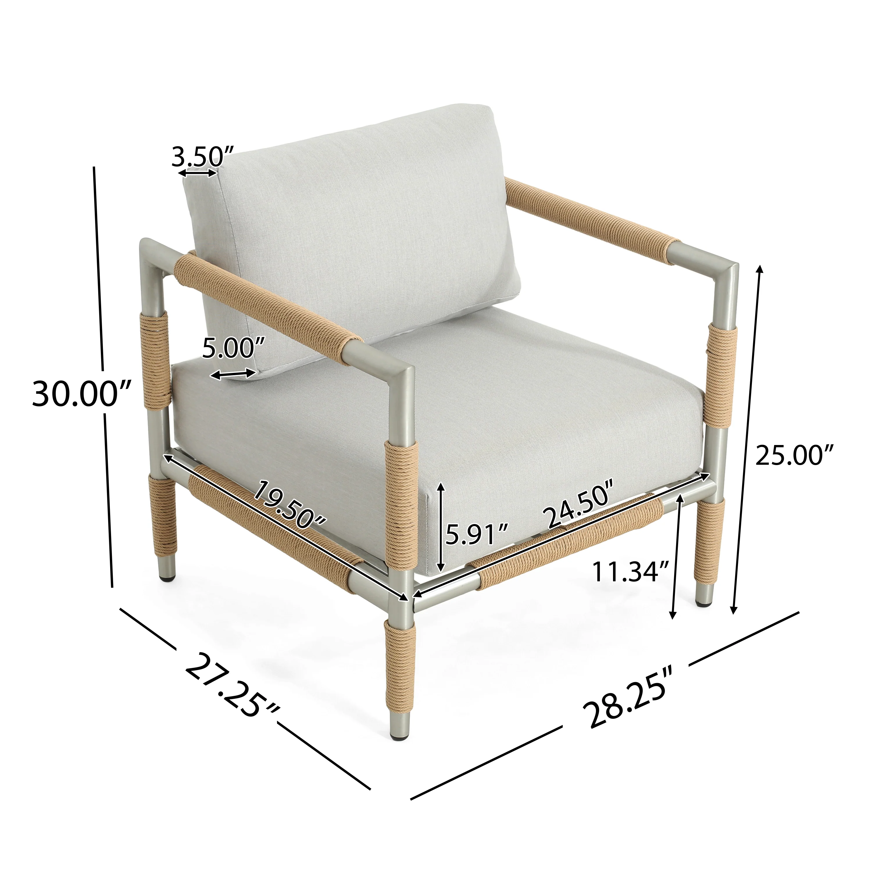 Eamon Outdoor Upholstered Thick Cushioned Arm Chair with Rattan Accents, Light Grey - furnishings