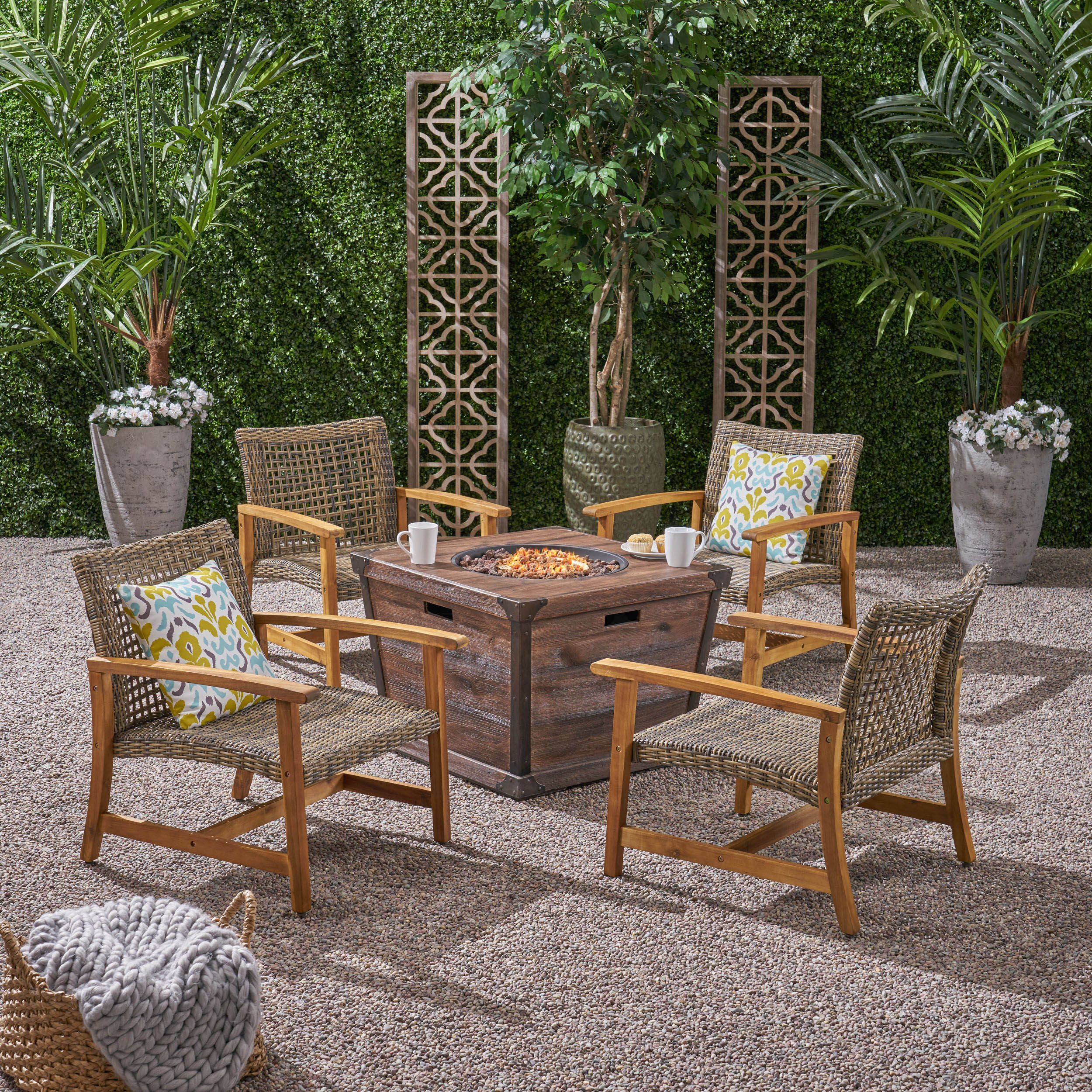 Levant Outdoor 4-Seater Wood and Wicker Club Chair Set with Fire Pit - furnishings