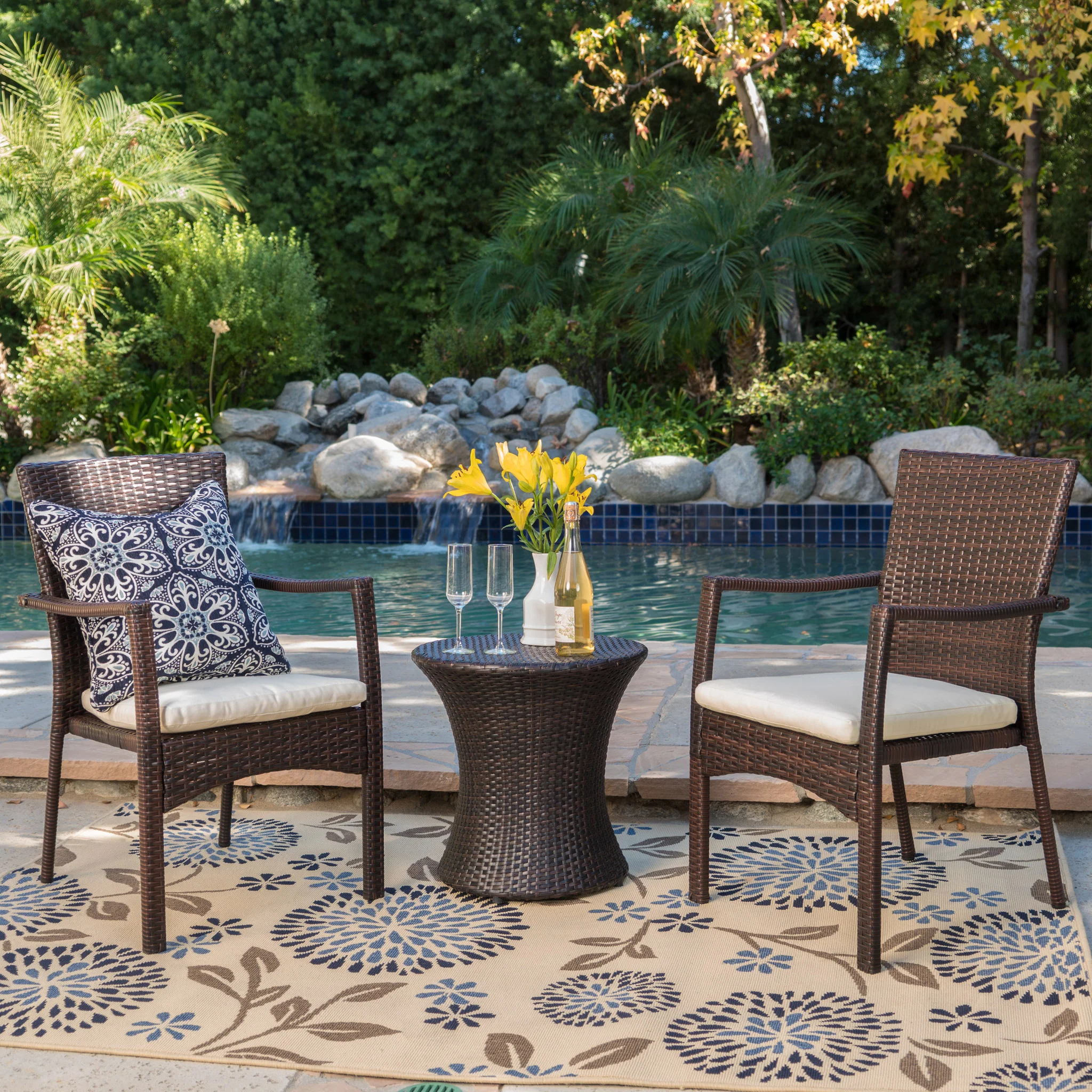 Mission Bay Outdoor Brown Wicker 3 Piece Chat Set - furnishings