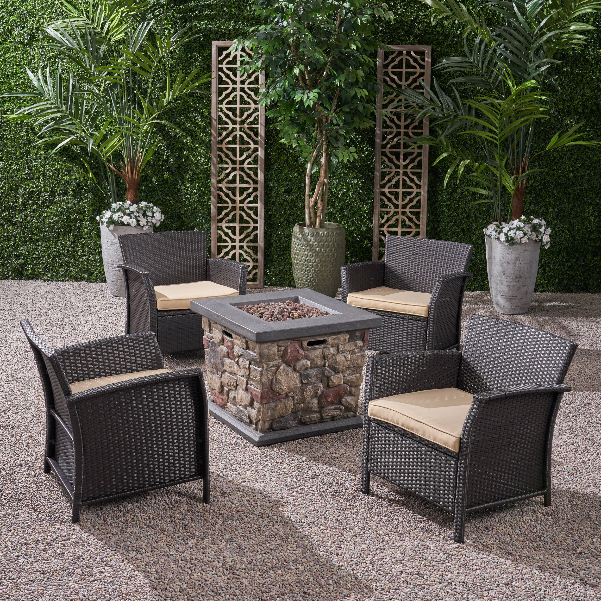 Laiah Outdoor 4 Piece Wicker Club Chair Chat Set with Stone Finished Fire Pit - furnishings