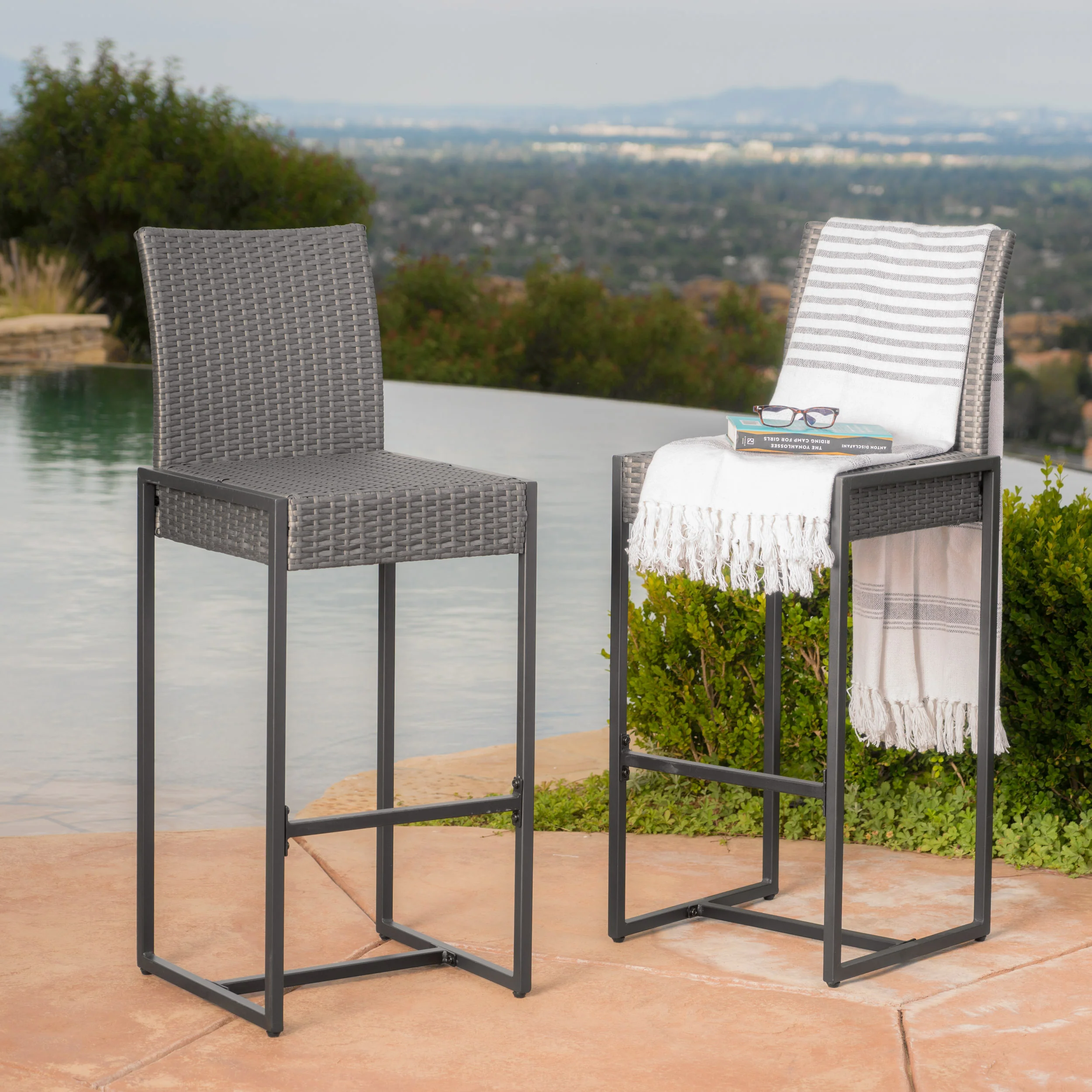 Conrad Outdoor Transitional 30-Inch Gray Wicker Barstools with Metal Frame - furnishings