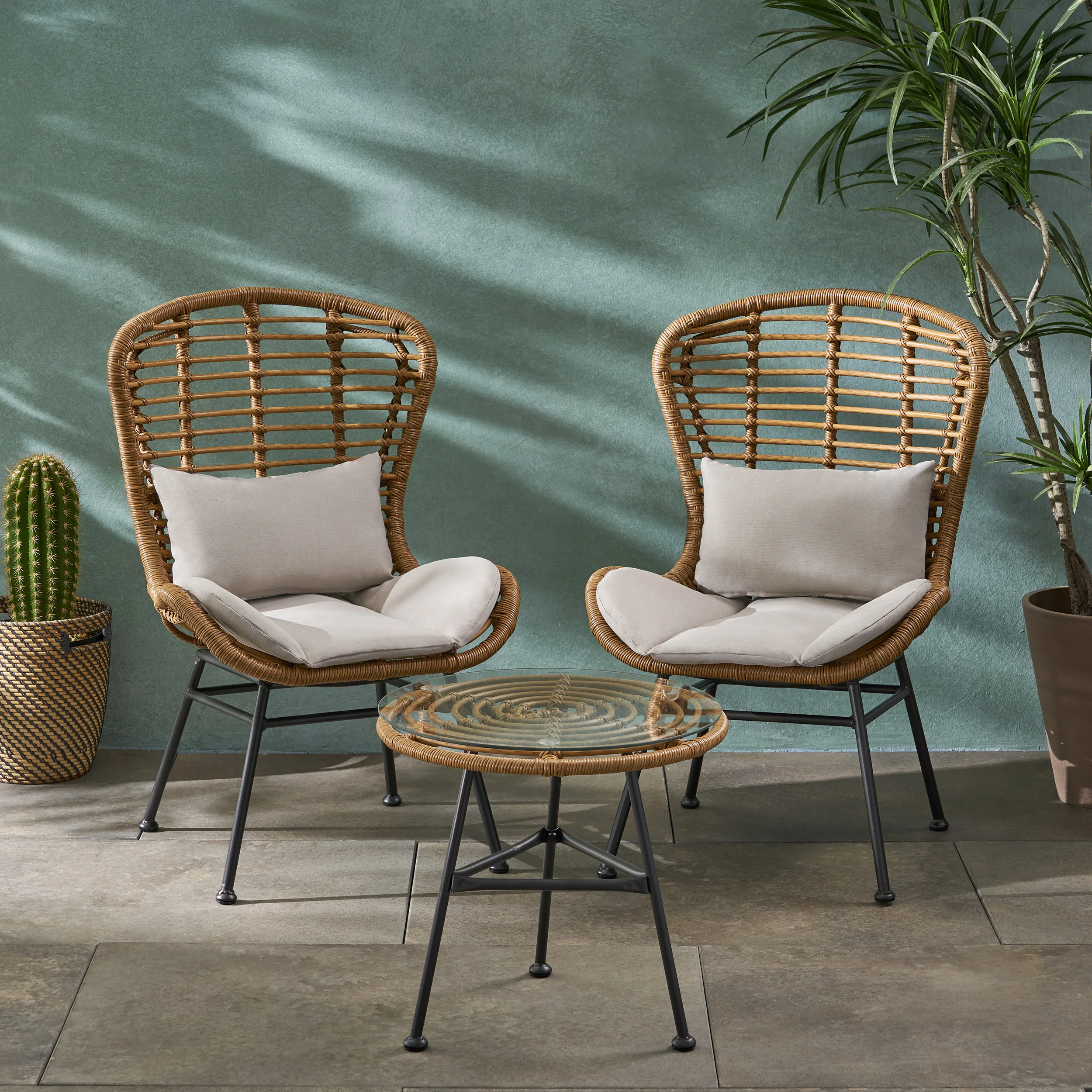 Bellagio Outdoor Modern Boho 2 Seater Wicker Chat Set with Side Table - furnishings