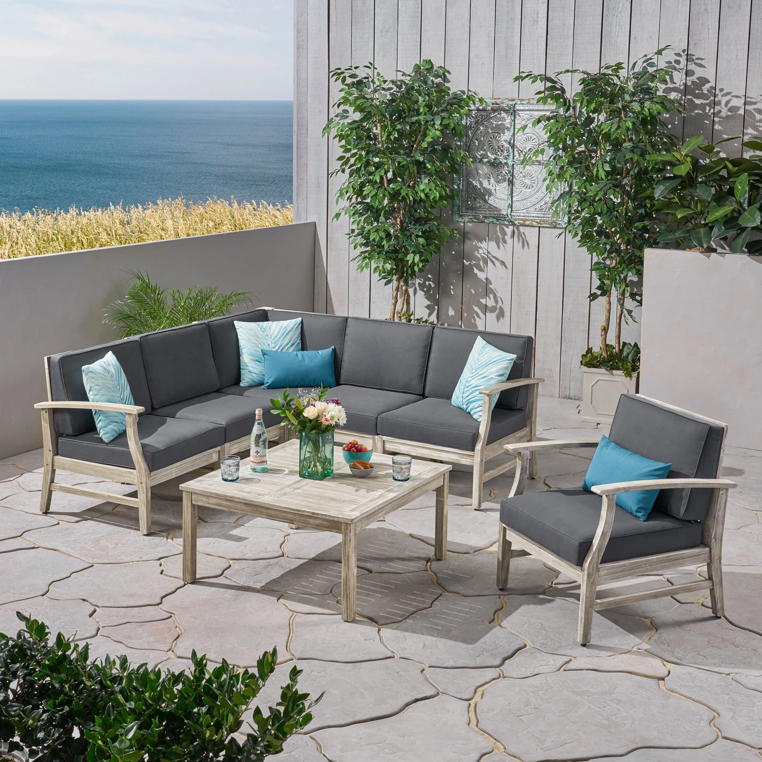 Capri Outdoor 7 Piece Acacia Wood Sectional Sofa and Club Chair Set - furnishings