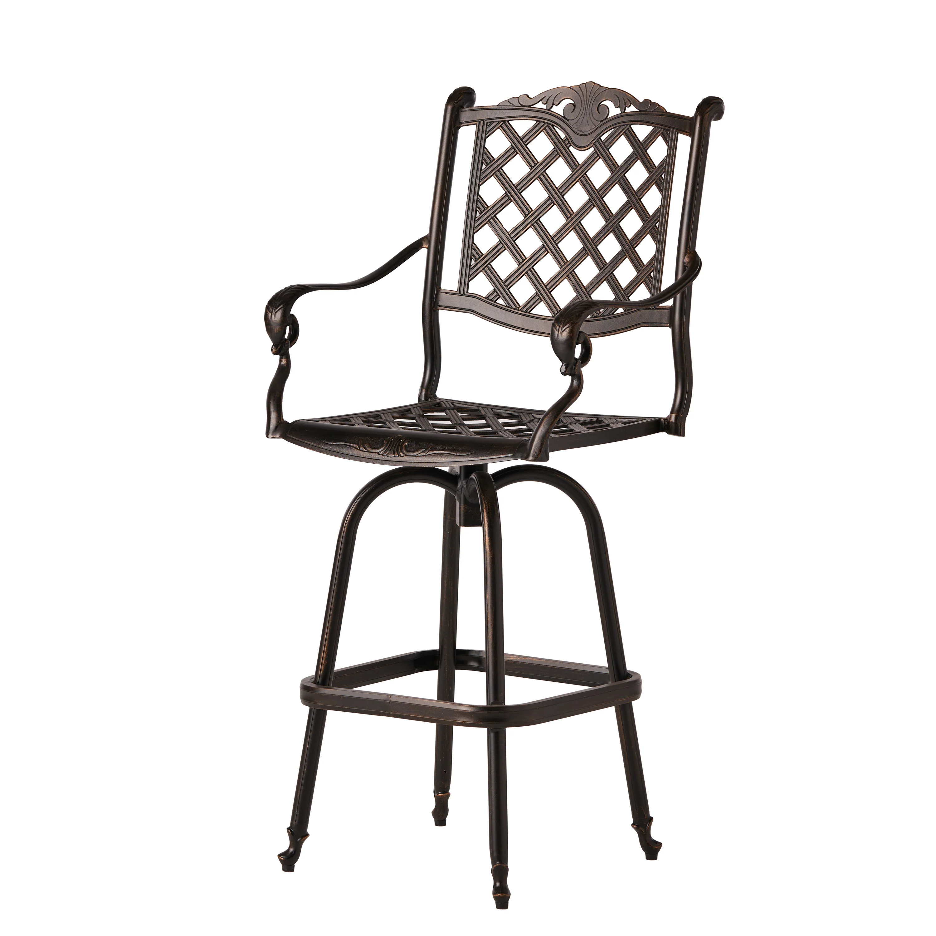 Pomelo Traditional Outdoor Shiny Copper Cast Aluminum Swivel Barstool with Arms - furnishings