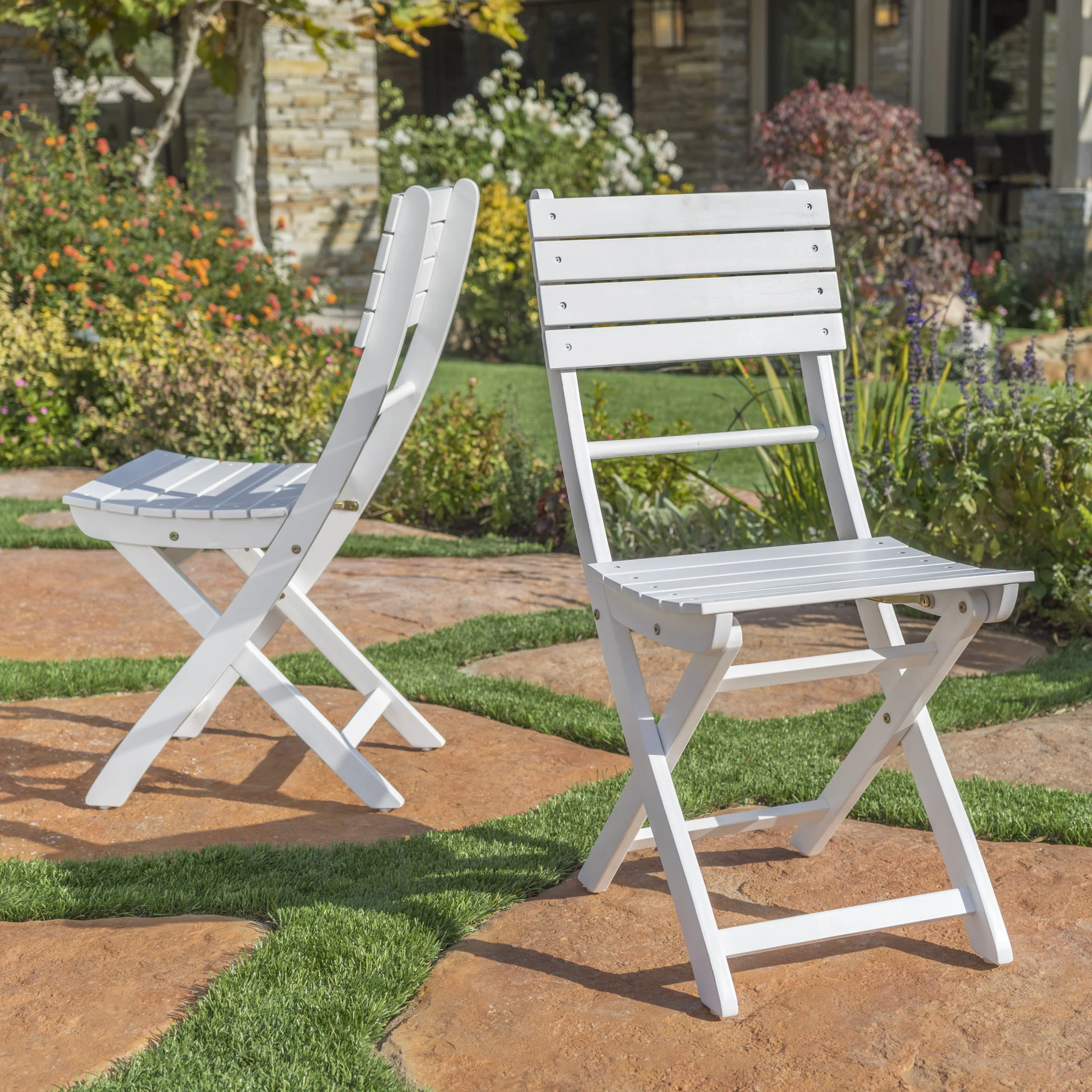 Vicaro Outdoor White Finish Acacia Wood Foldable Dining Chairs - furnishings