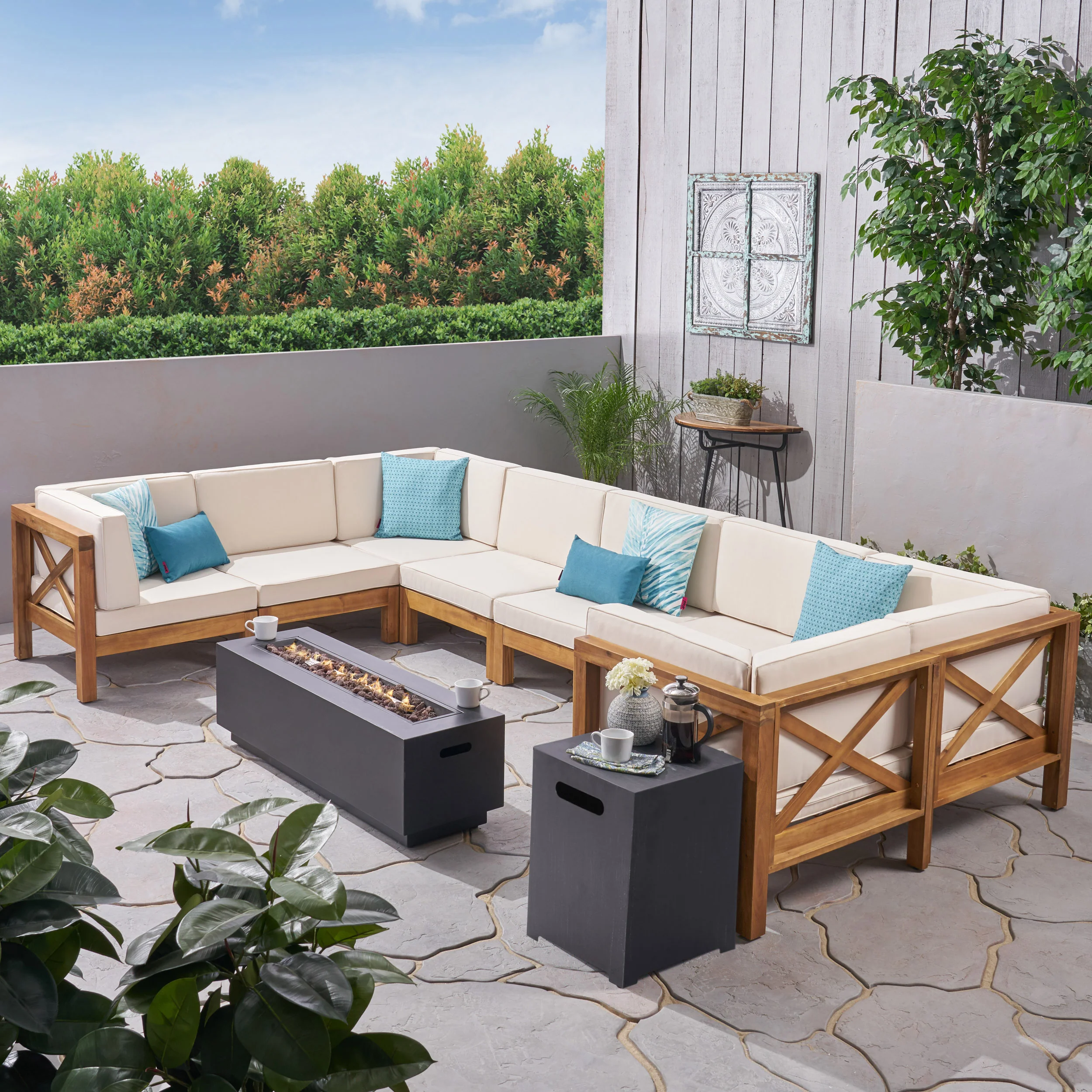 Muriel Outdoor Farmhouse Acacia Wood 8 Seater U-Shaped Sectional Sofa Set with Fire Pit - furnishings