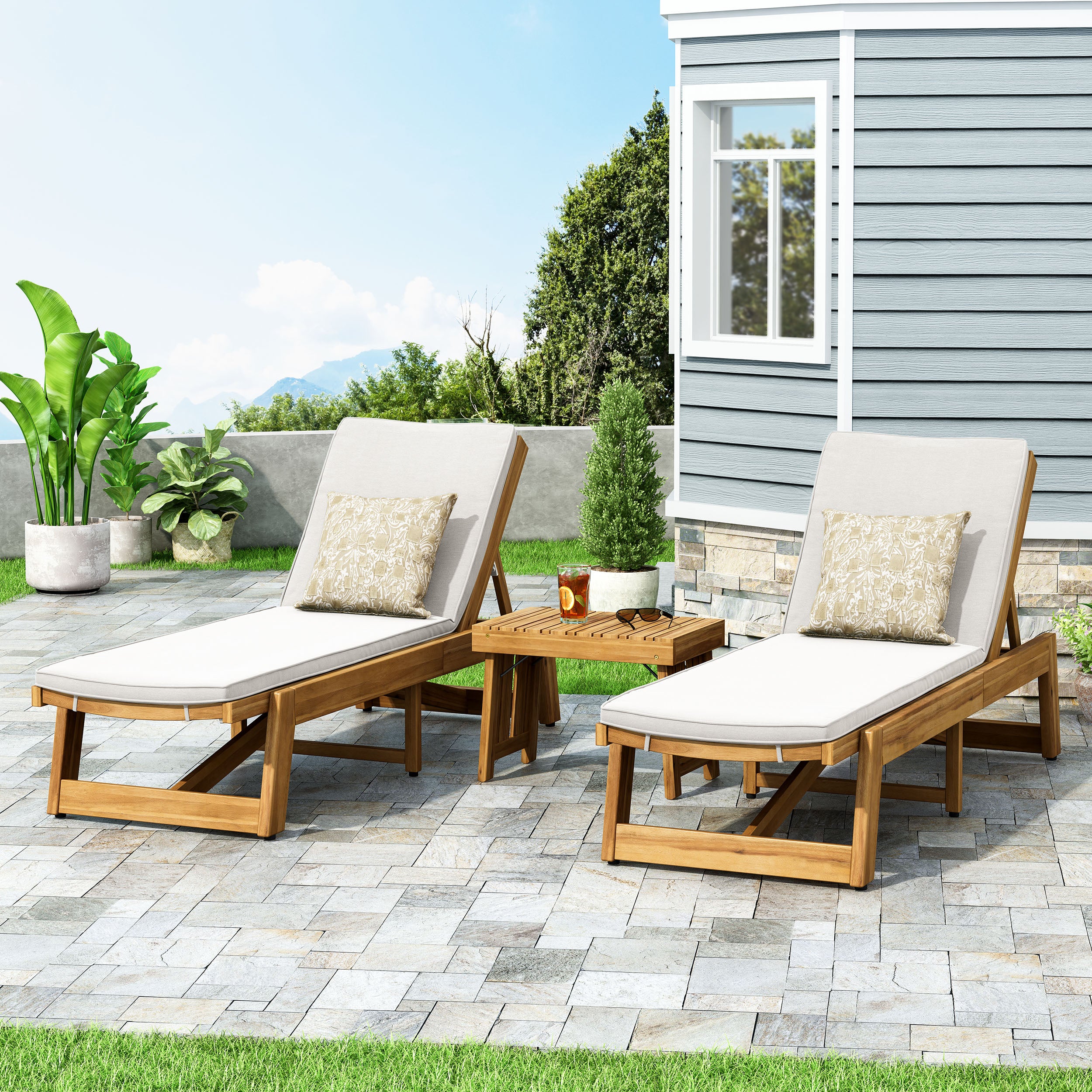 Karyme Outdoor Acacia Wood 3 Piece Chaise Lounge Set with Water-Resistant Cushions - furnishings