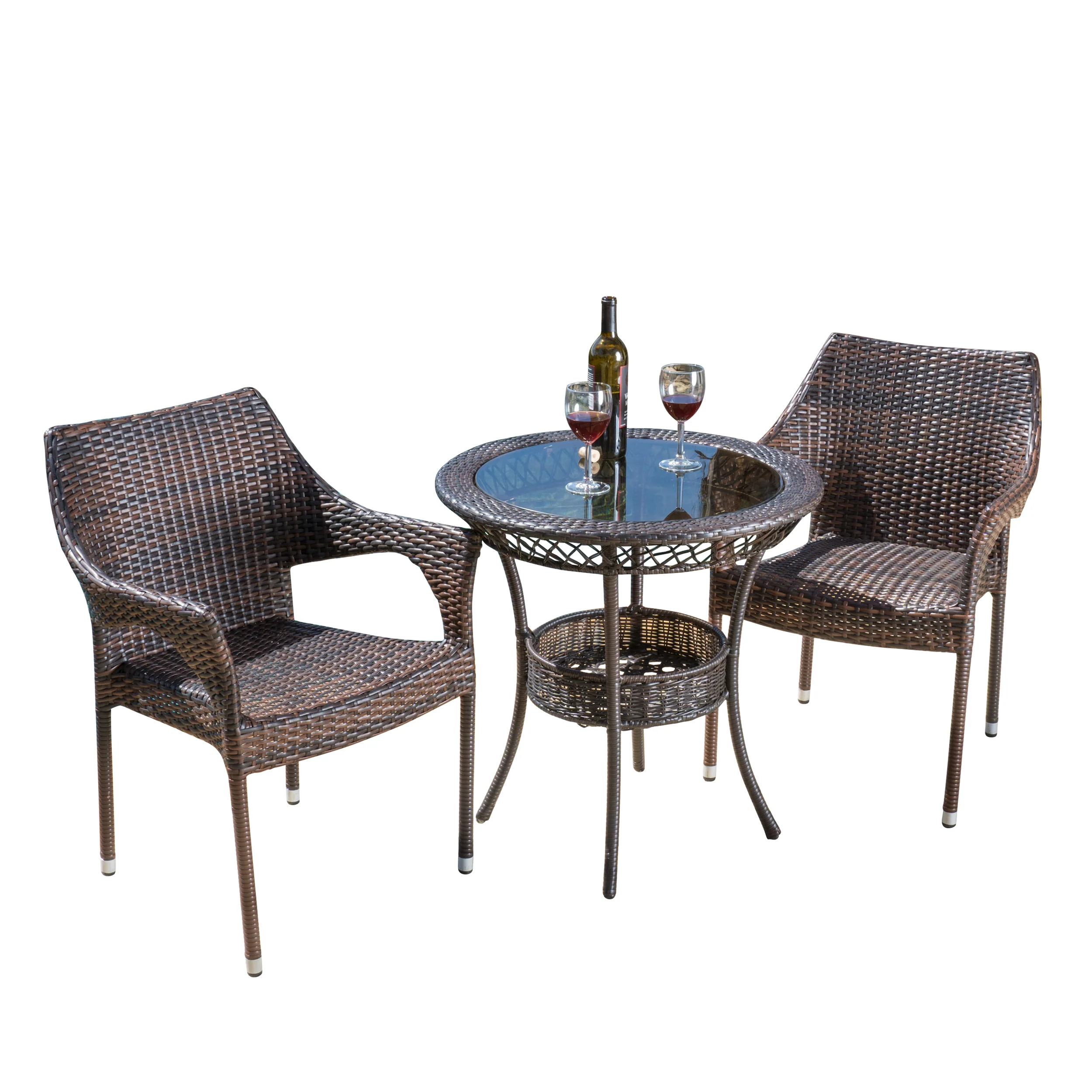 Dana Outdoor 3-Piece Multi-Brown Wicker Bistro Set with Tempered Glass Top - furnishings