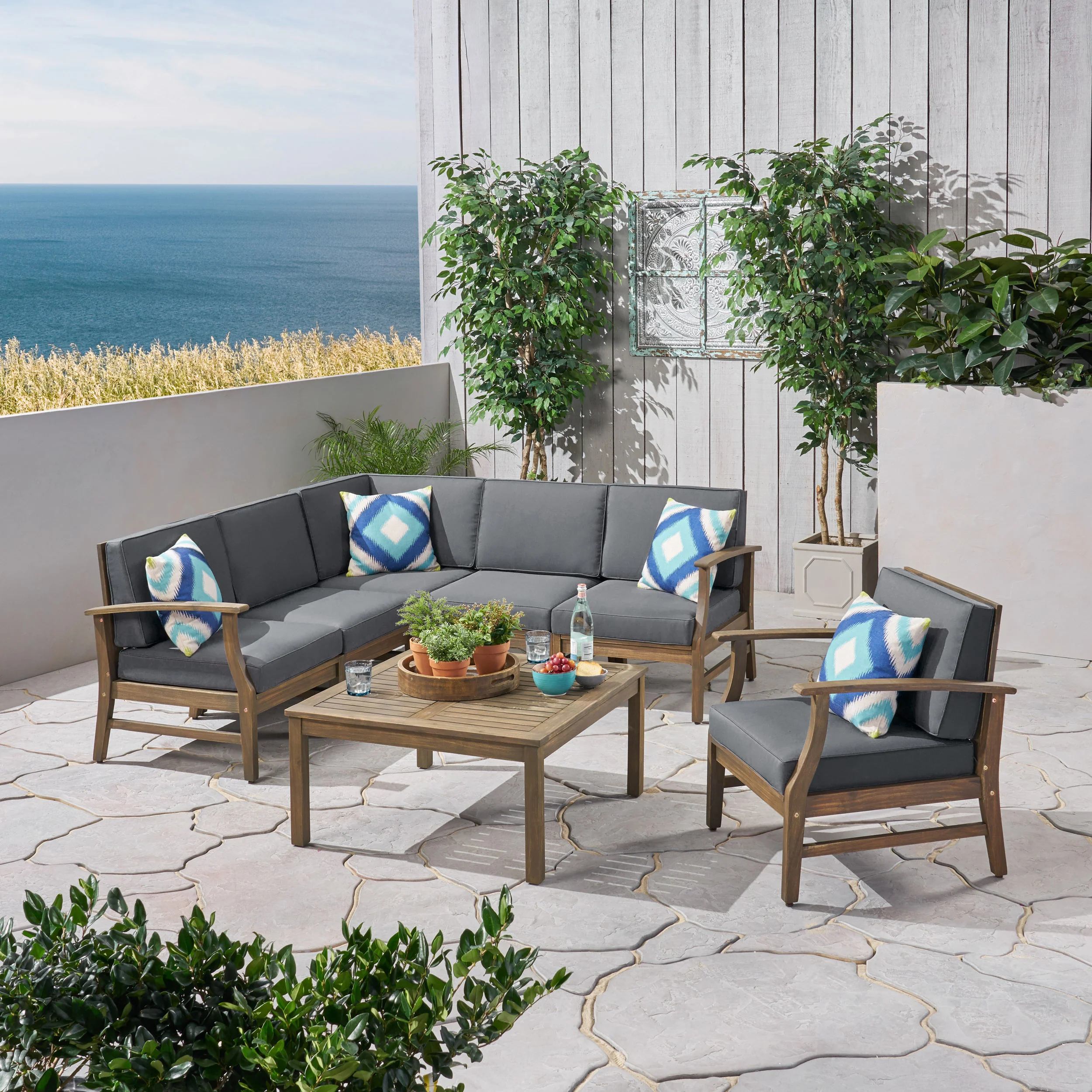 Capri Outdoor 7 Piece Acacia Wood Sectional Sofa and Club Chair Set - furnishings