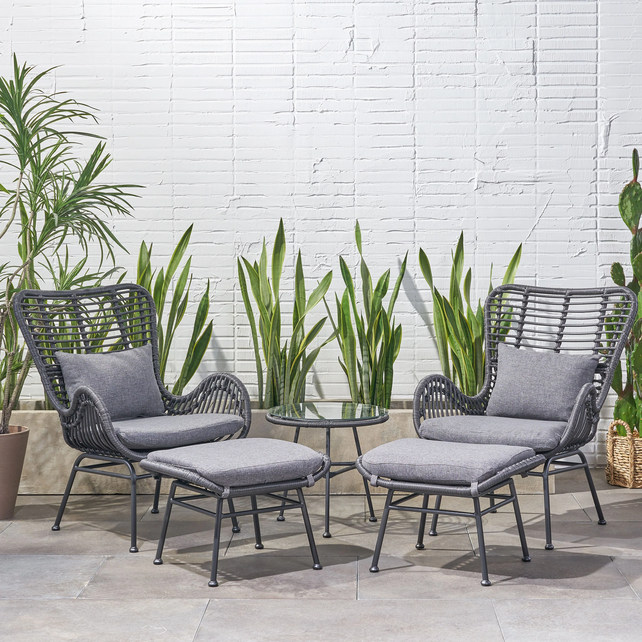 Pooneli Outdoor 5 Piece Wicker Chat Set with Ottomans - furnishings