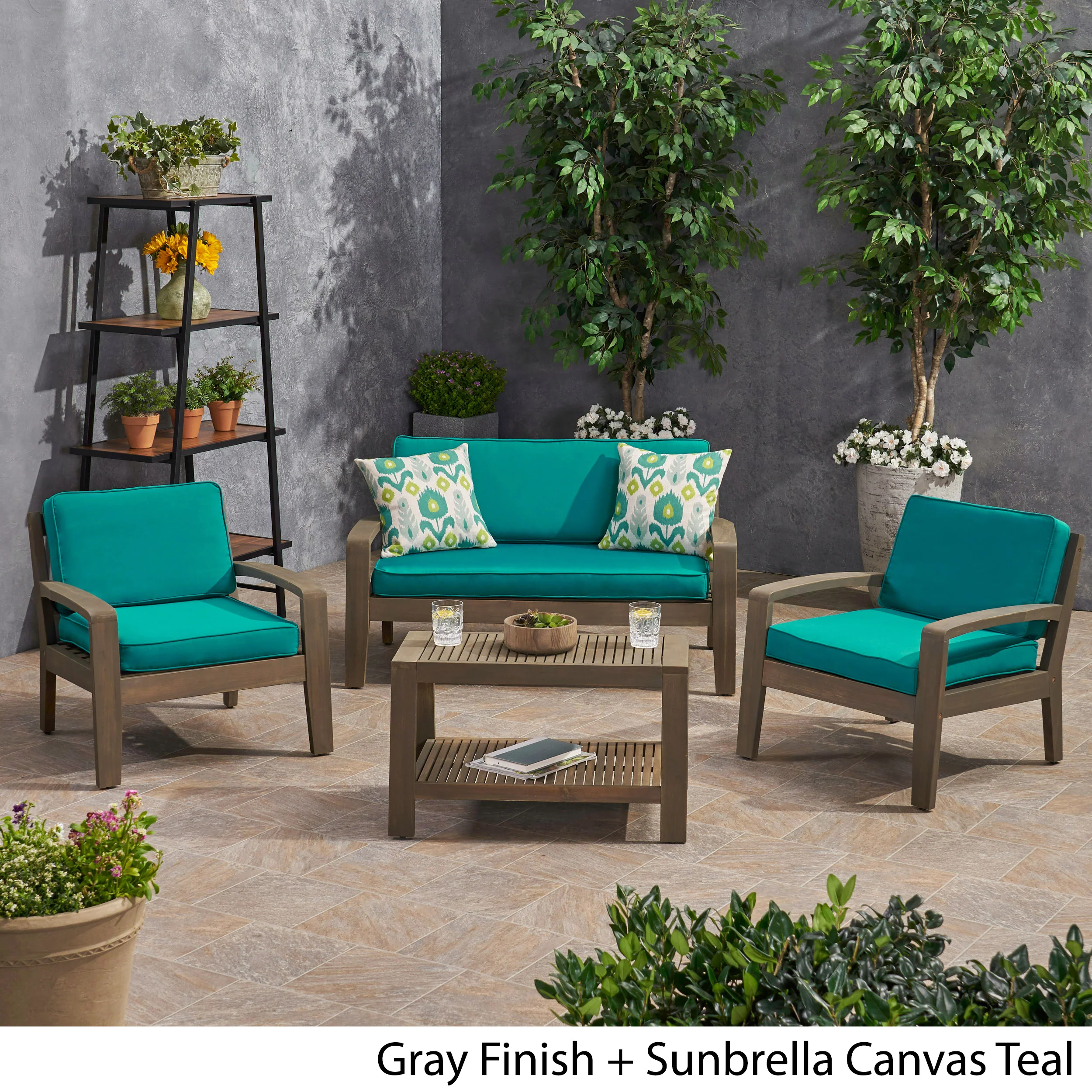 Parma Patio Acacia Wood 4-Seater Conversation Set with Coffee Table and Sunbrella Cushions - furnishings