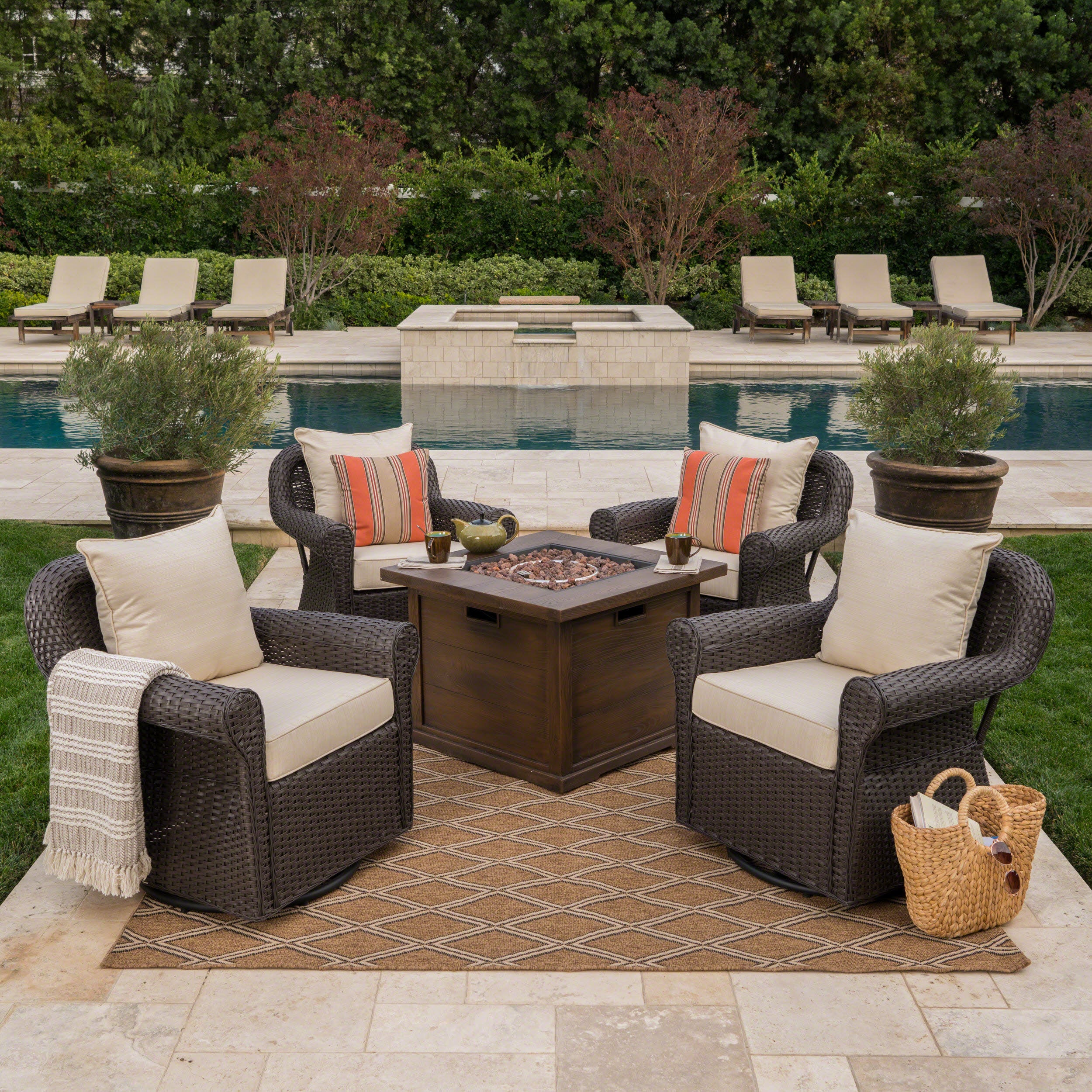 Venturi Outdoor 5 Piece Wicker Swivel Club Chairs with Brown Gas Fire Pit - furnishings