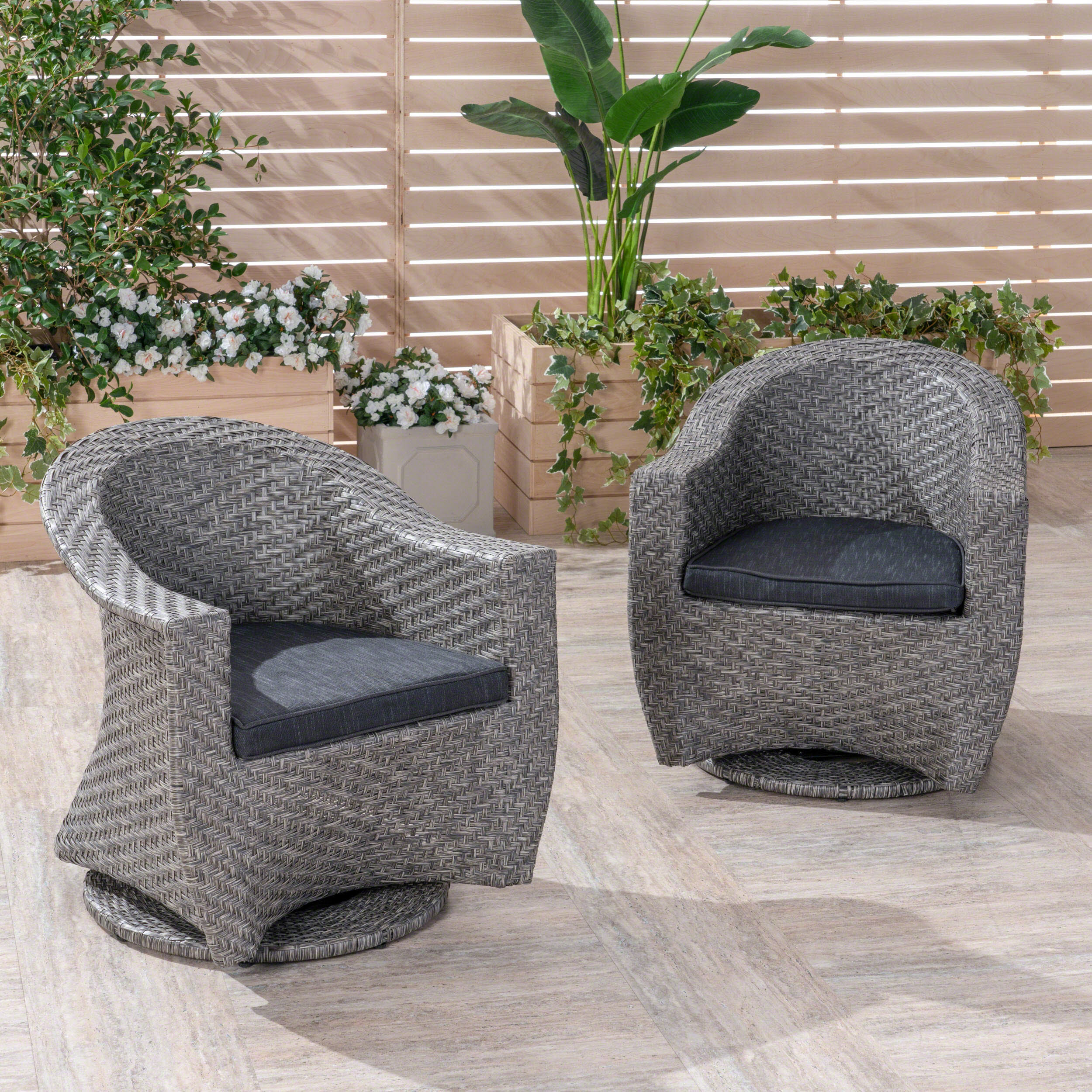 Larchmont Patio Swivel Chairs, Wicker with Outdoor Cushions, Mixed Black and Dark Gray - furnishings