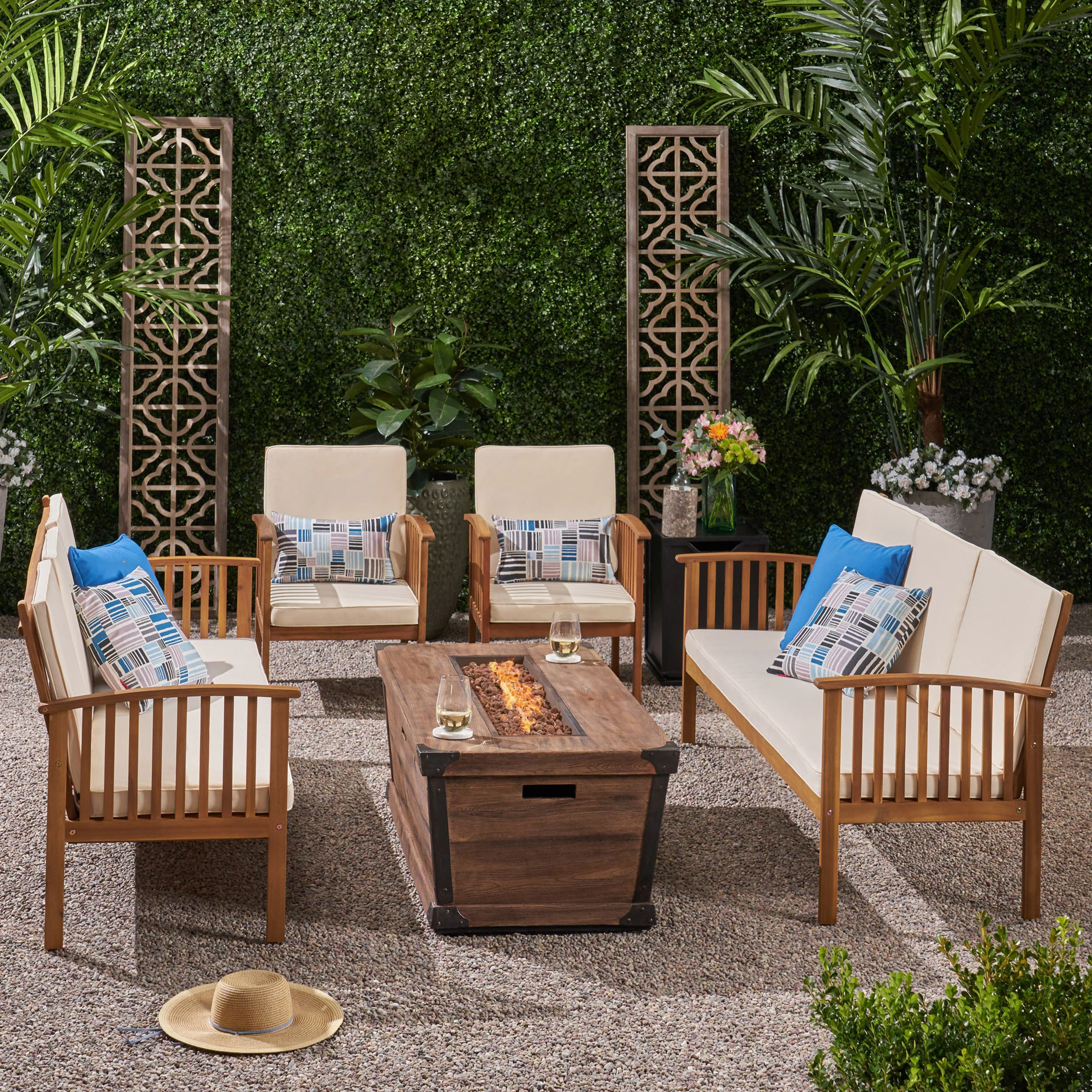 Beckley Outdoor 4 Piece Acacia Wood Conversational Sofa Set with Cushions and Fire Pit - furnishings