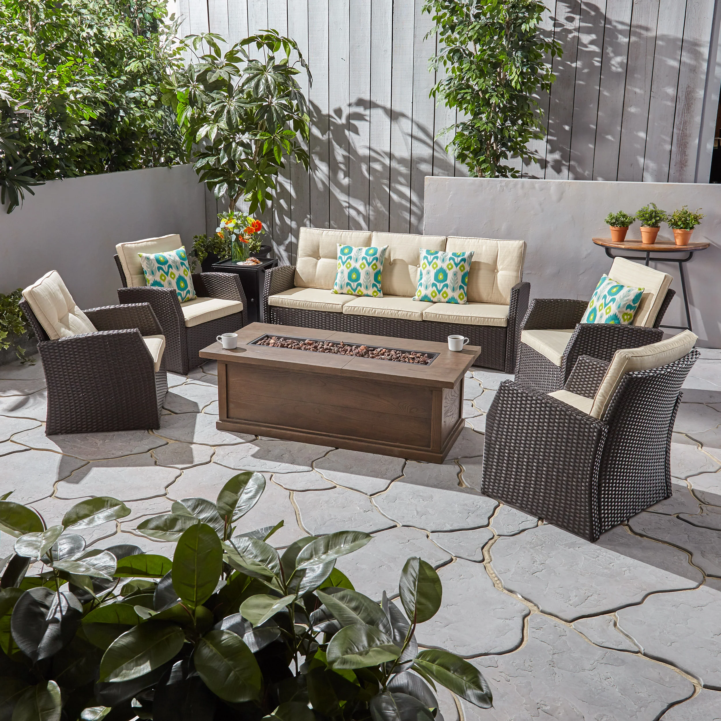 Roswell Outdoor 7 Seater Wicker Chat Set with Wood Finished Fire Pit - furnishings