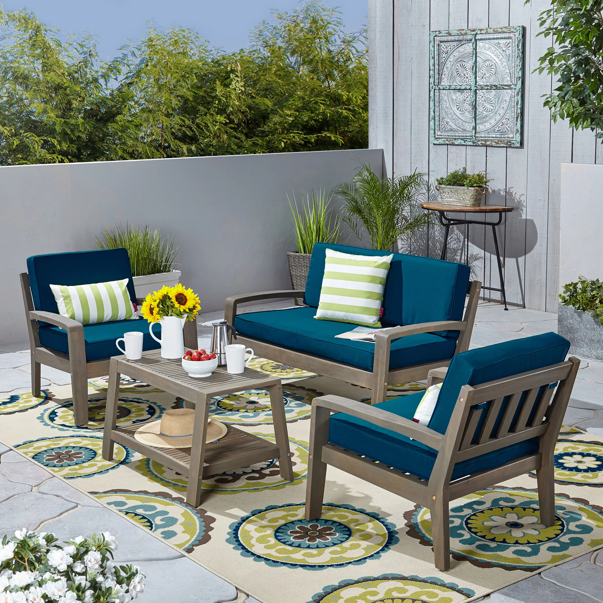 Parma Patio Acacia Wood 4-Seater Conversation Set with Coffee Table and Cushions - furnishings