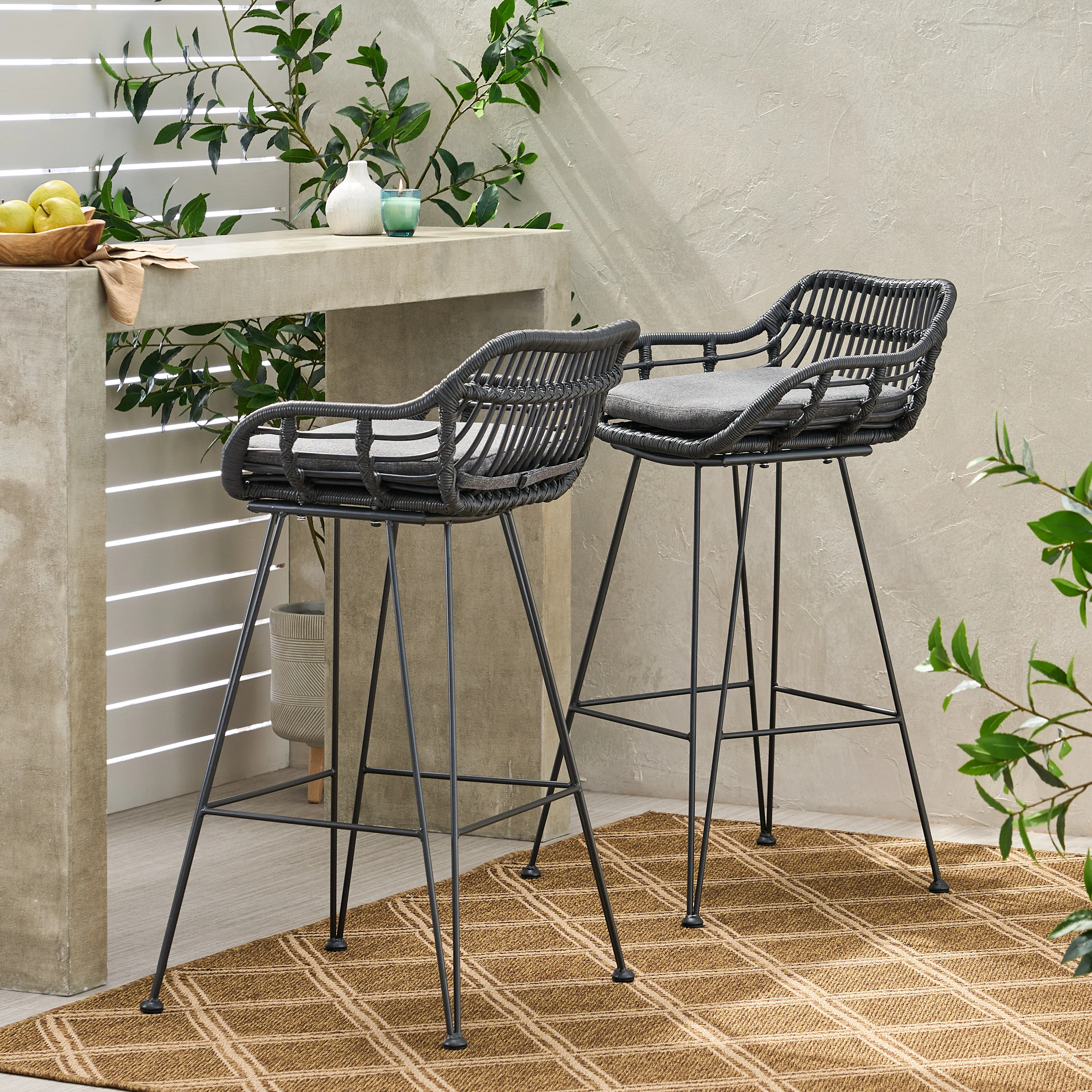 Lisa Outdoor Wicker Barstools with Cushions (Set of 2) - furnishings