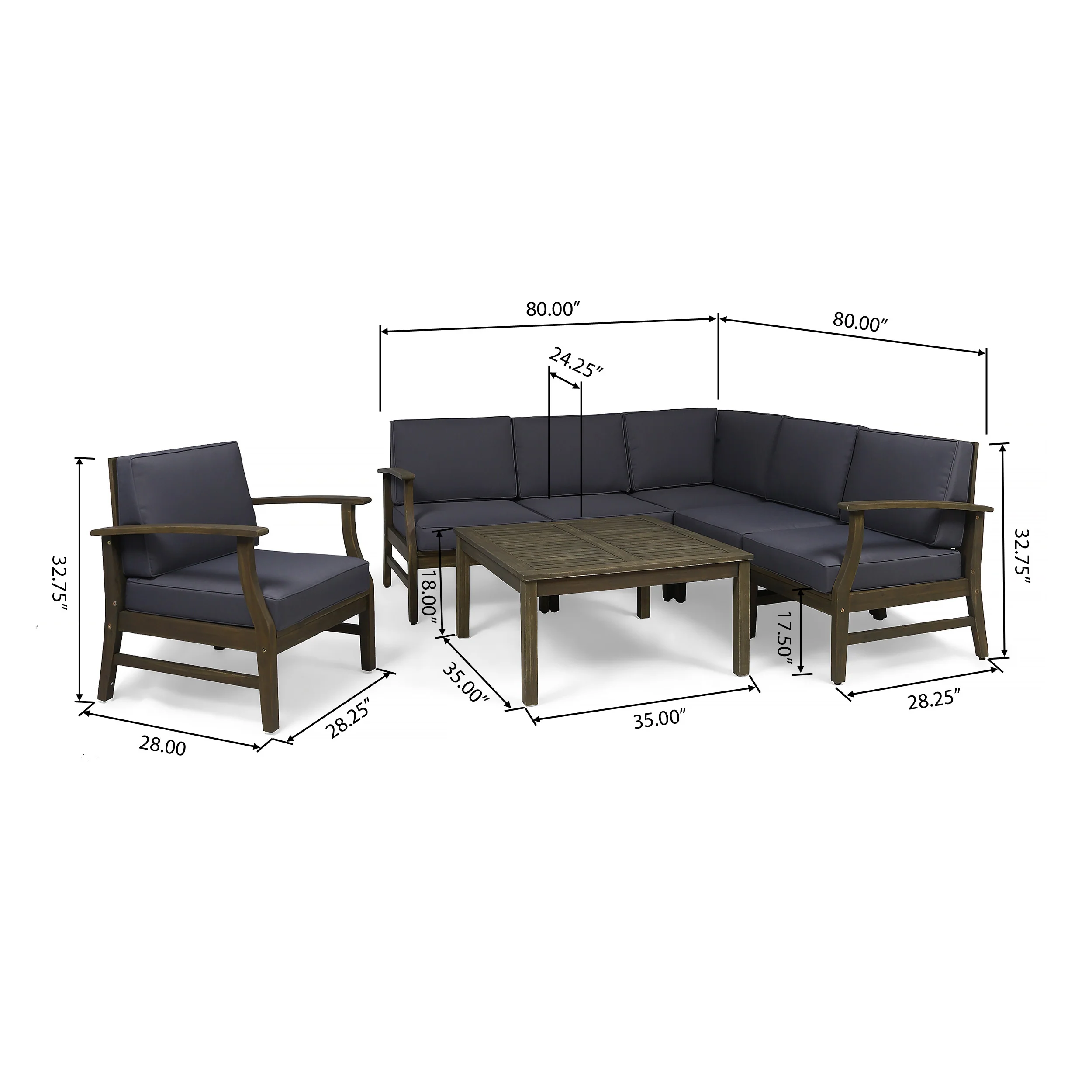 Capri Outdoor 7 Piece Acacia Wood Sectional Sofa and Club Chair Set - furnishings