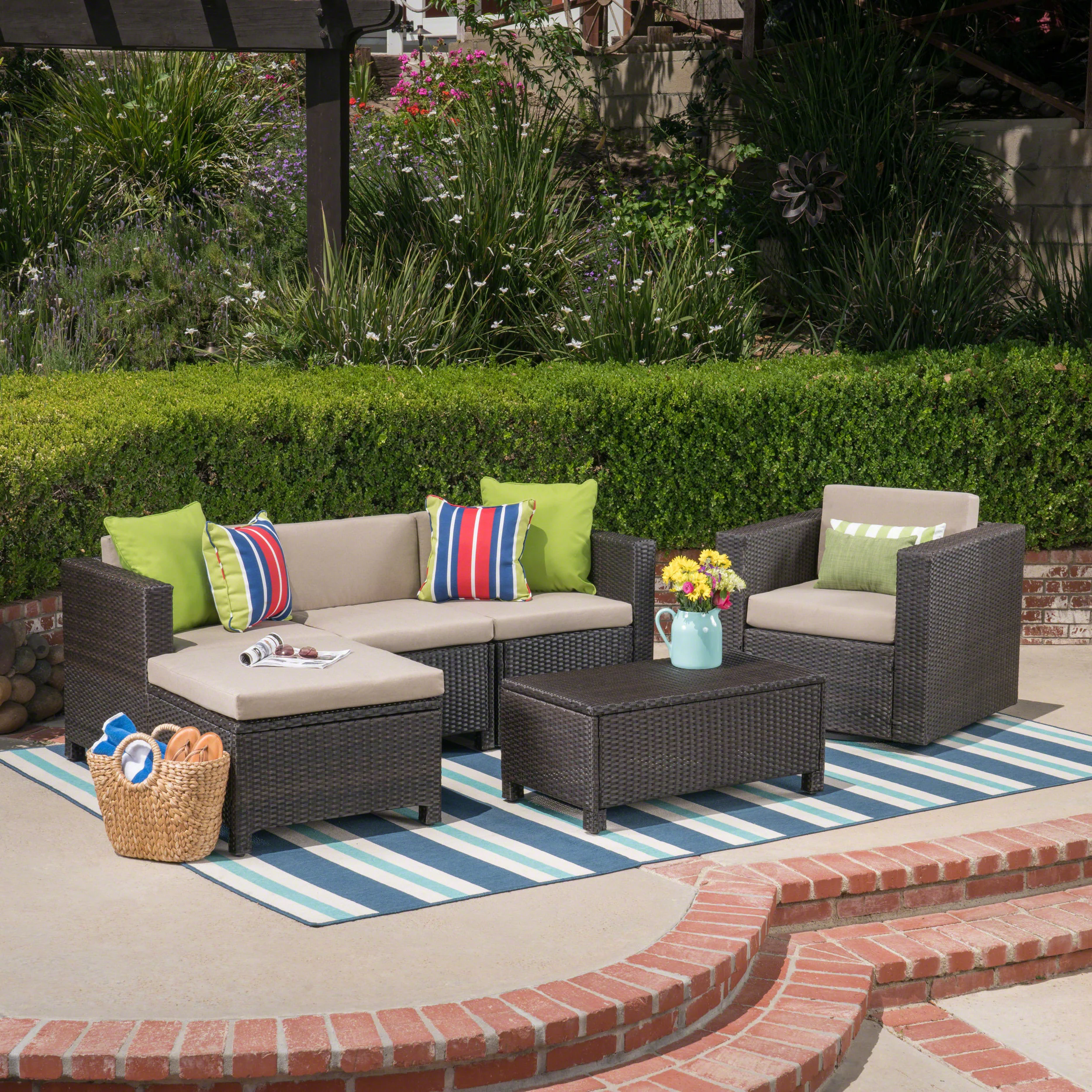 Tanner Outdoor 4 Seater Wicker L-Shaped Sectional Sofa Set with Cushions - furnishings