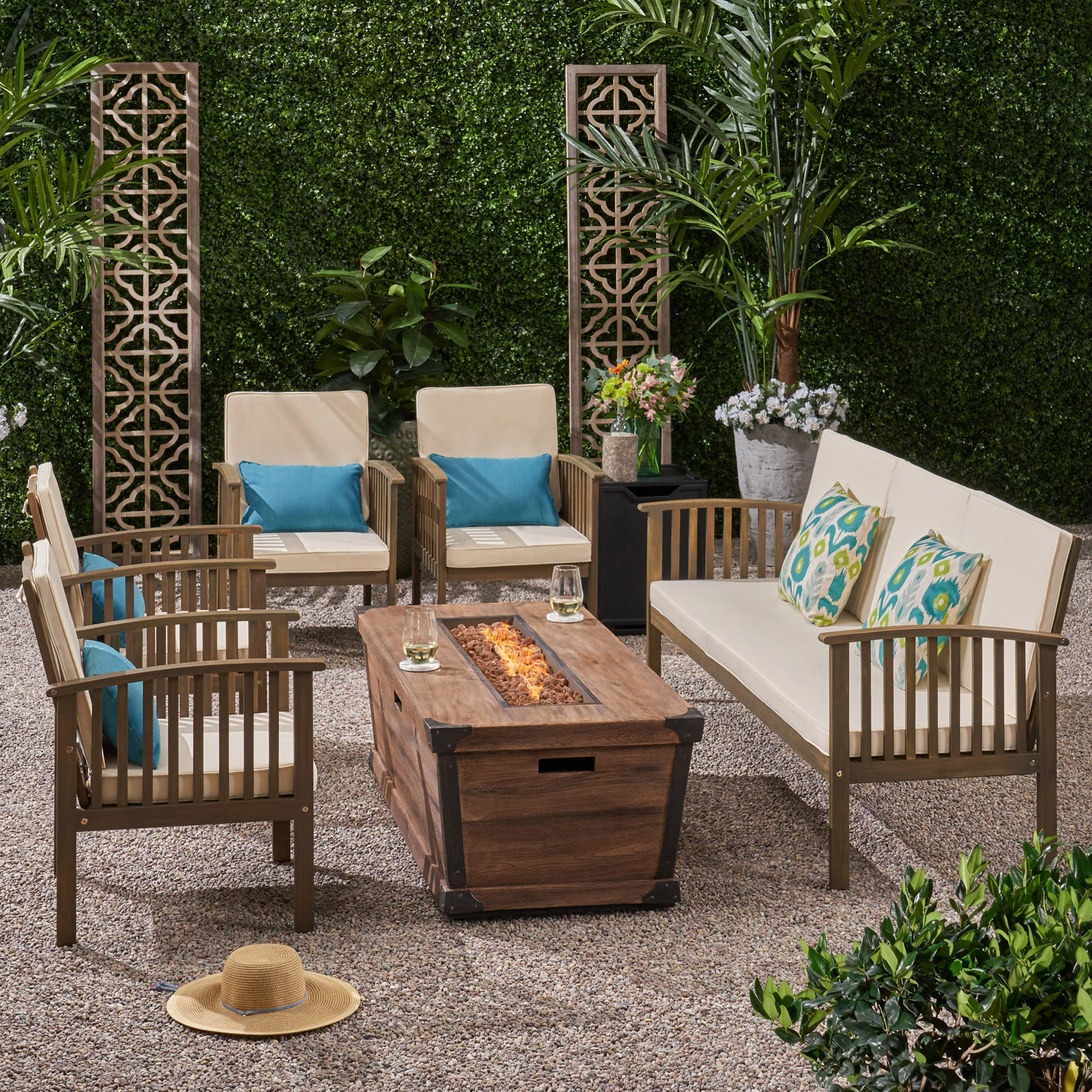 Beckley Outdoor 5 Piece Acacia Wood Conversational Set with Cushions and Fire Pit - furnishings