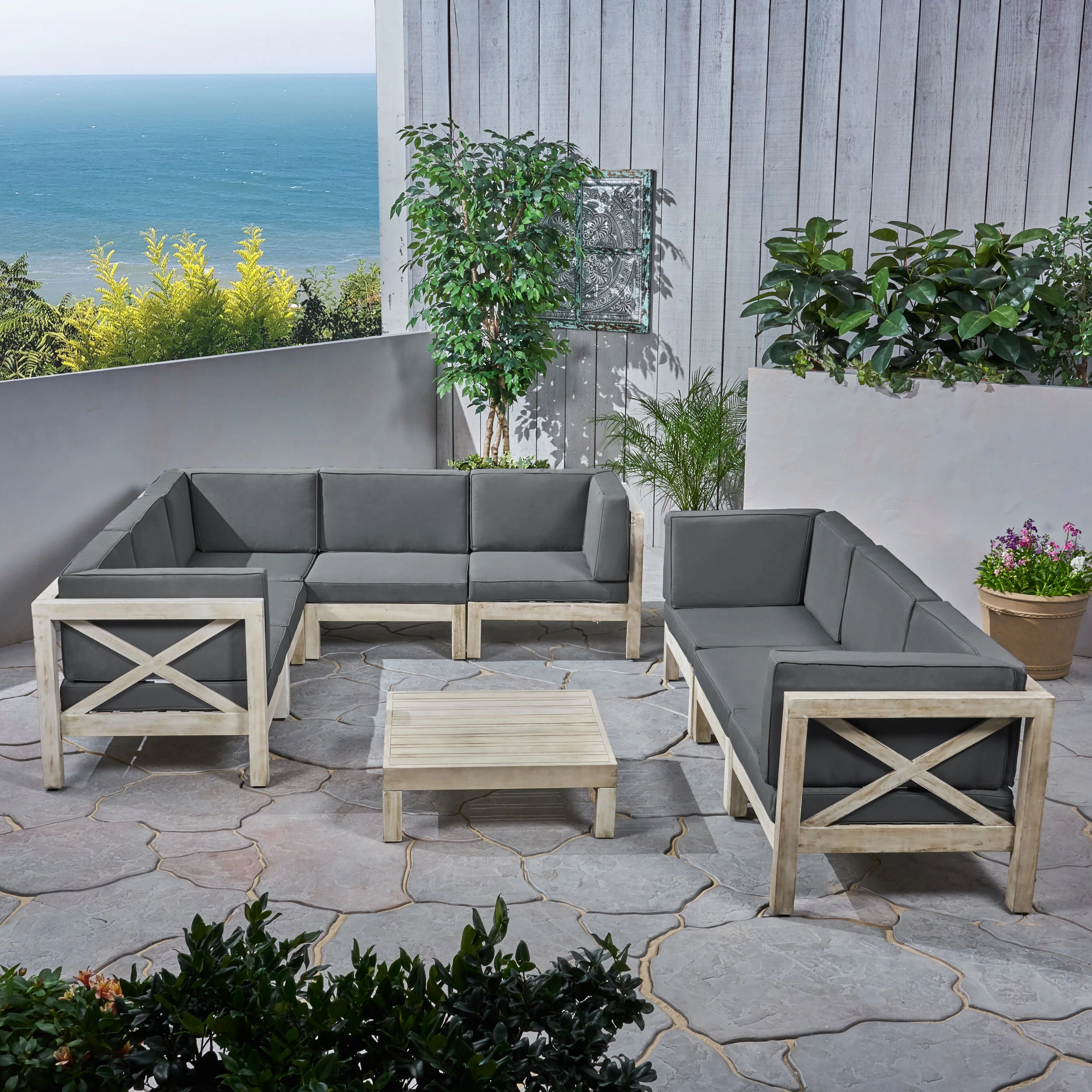 Cynthia Outdoor Acacia Wood 8 Seater Sectional Sofa Set with Coffee Table - furnishings