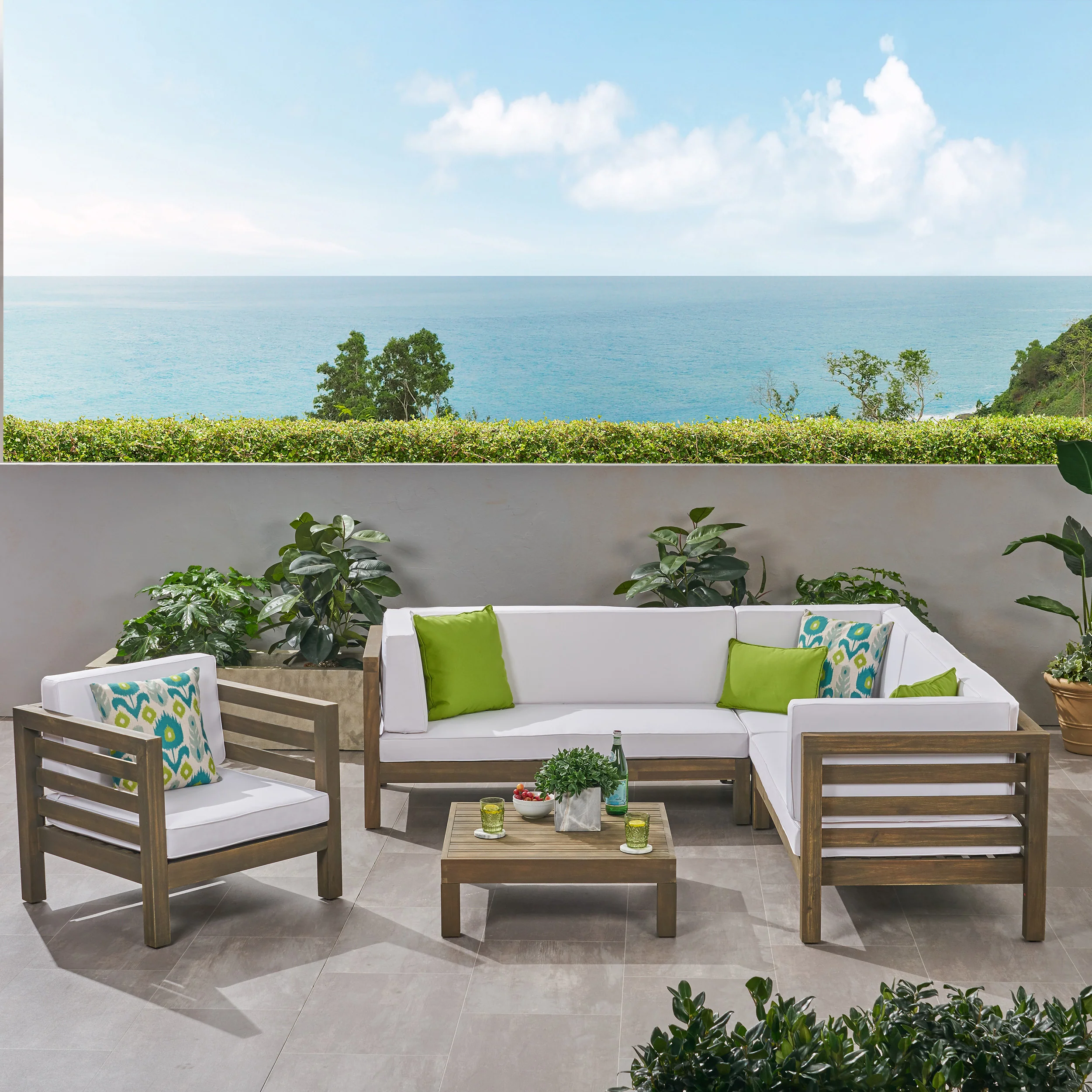 Emma Outdoor 6 Seater Acacia Wood Sectional Sofa and Club Chair Set - furnishings