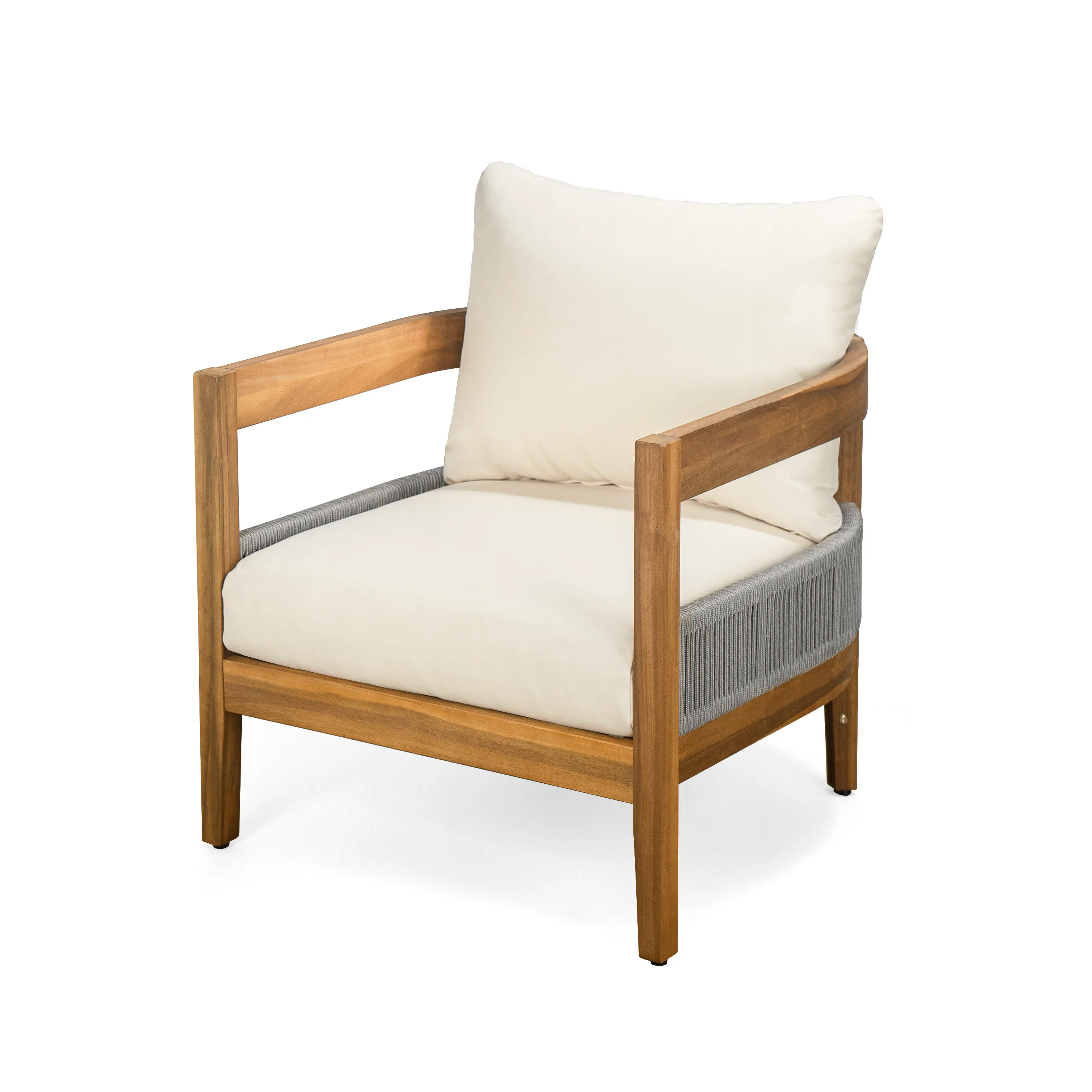 Rowane Teak Rope Weave Acacia Wood Outdoor Club Chairs with Beige Cushions - furnishings