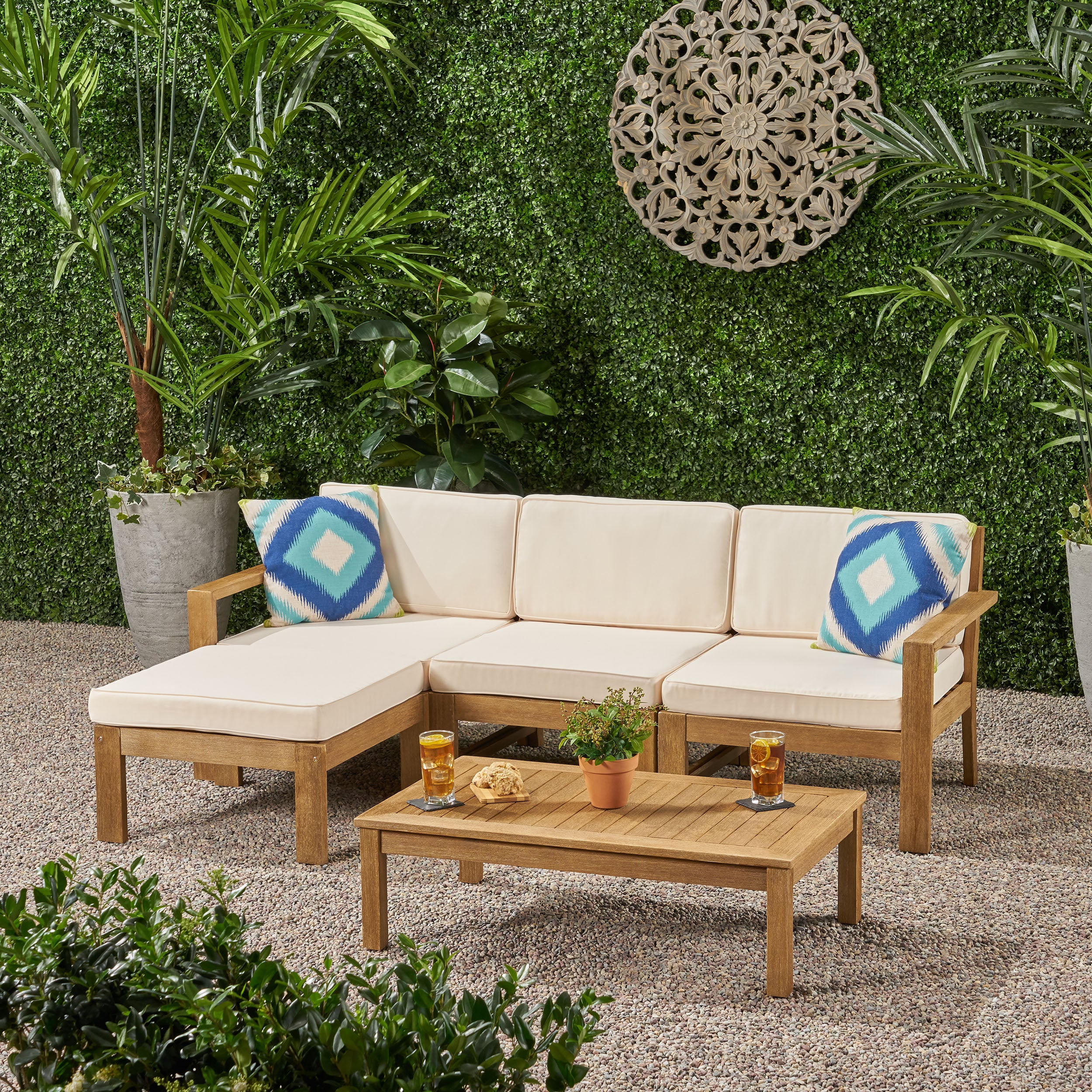 Makayla Ana Outdoor 3 Seater Acacia Wood Sofa Sectional with Cushions - furnishings