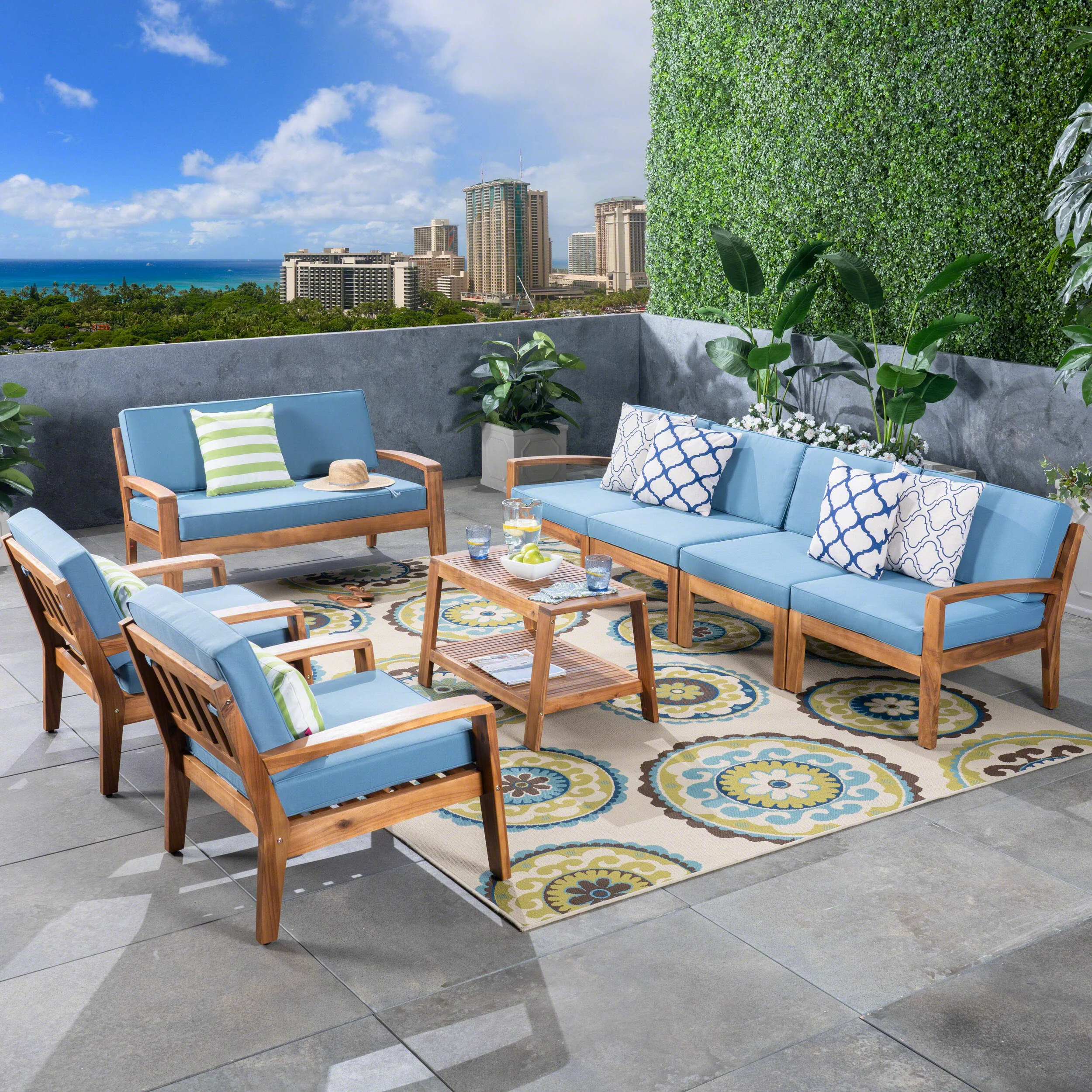 Giselle Outdoor Acacia Wood 8 Seater Sectional Chat Set with Coffee Table - furnishings