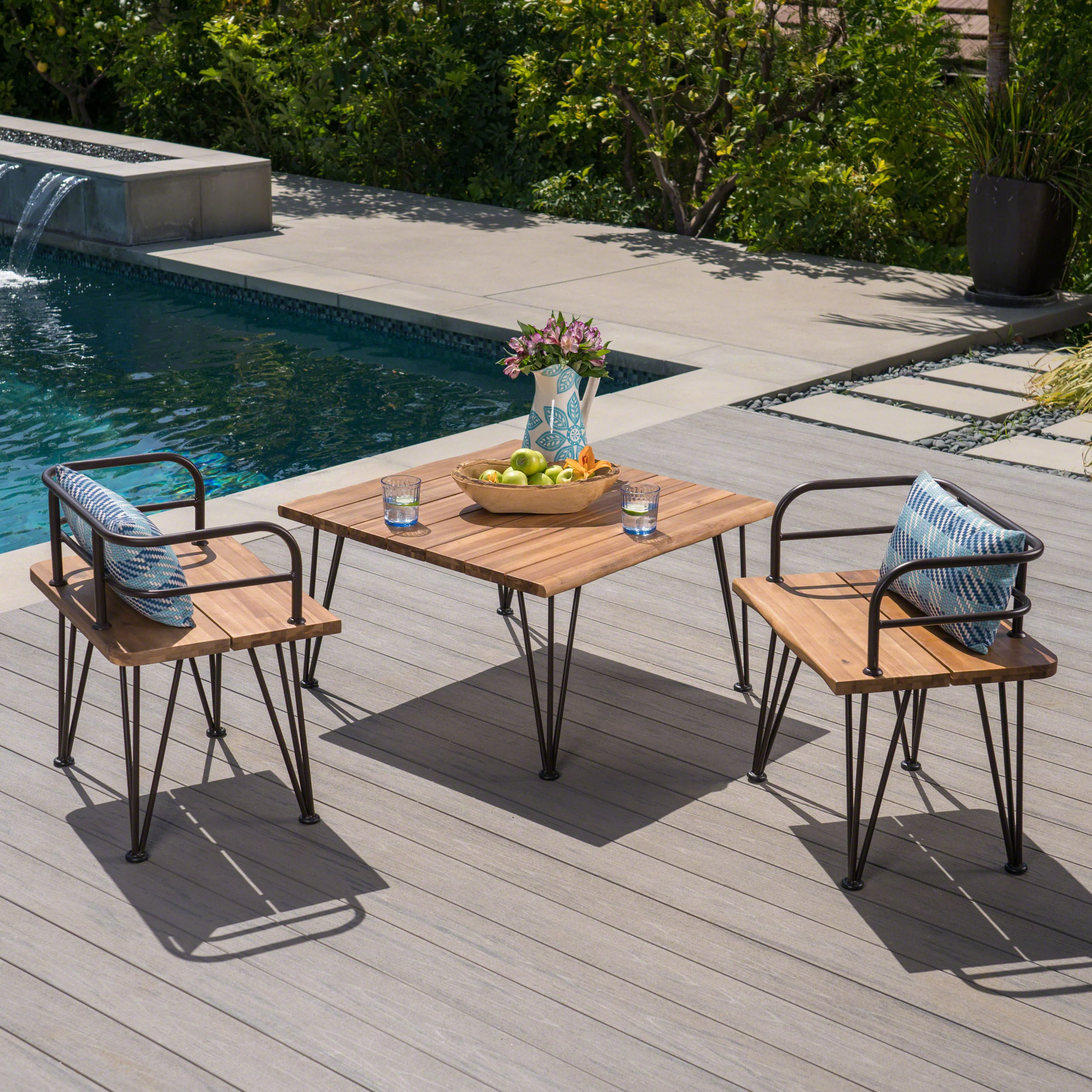 Avy Outdoor Rustic Industrial Acacia Wood Coffee Table Chat Set with Metal Hairpin Legs, Teak - furnishings