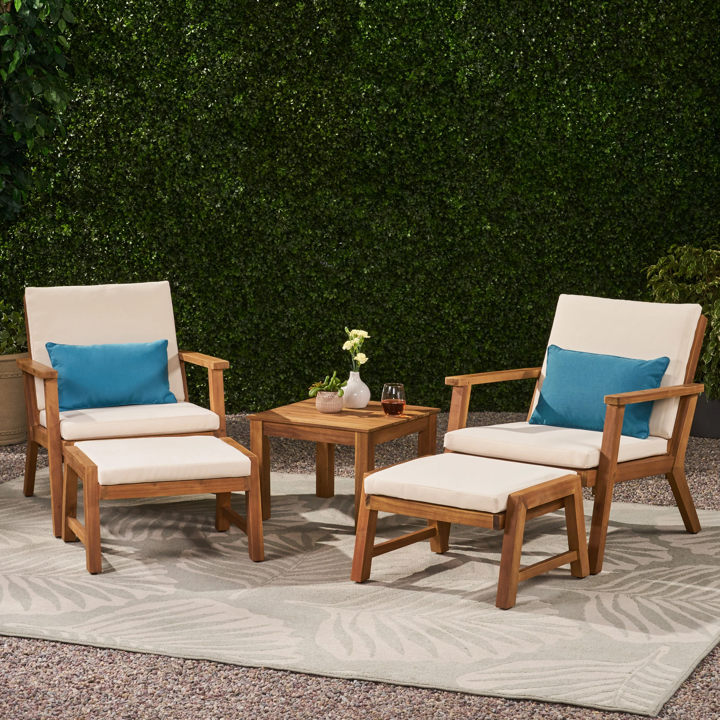 Avacyn Outdoor Mid-Century Modern Acacia Wood 2 Seater Chat Set with Ottomans - furnishings