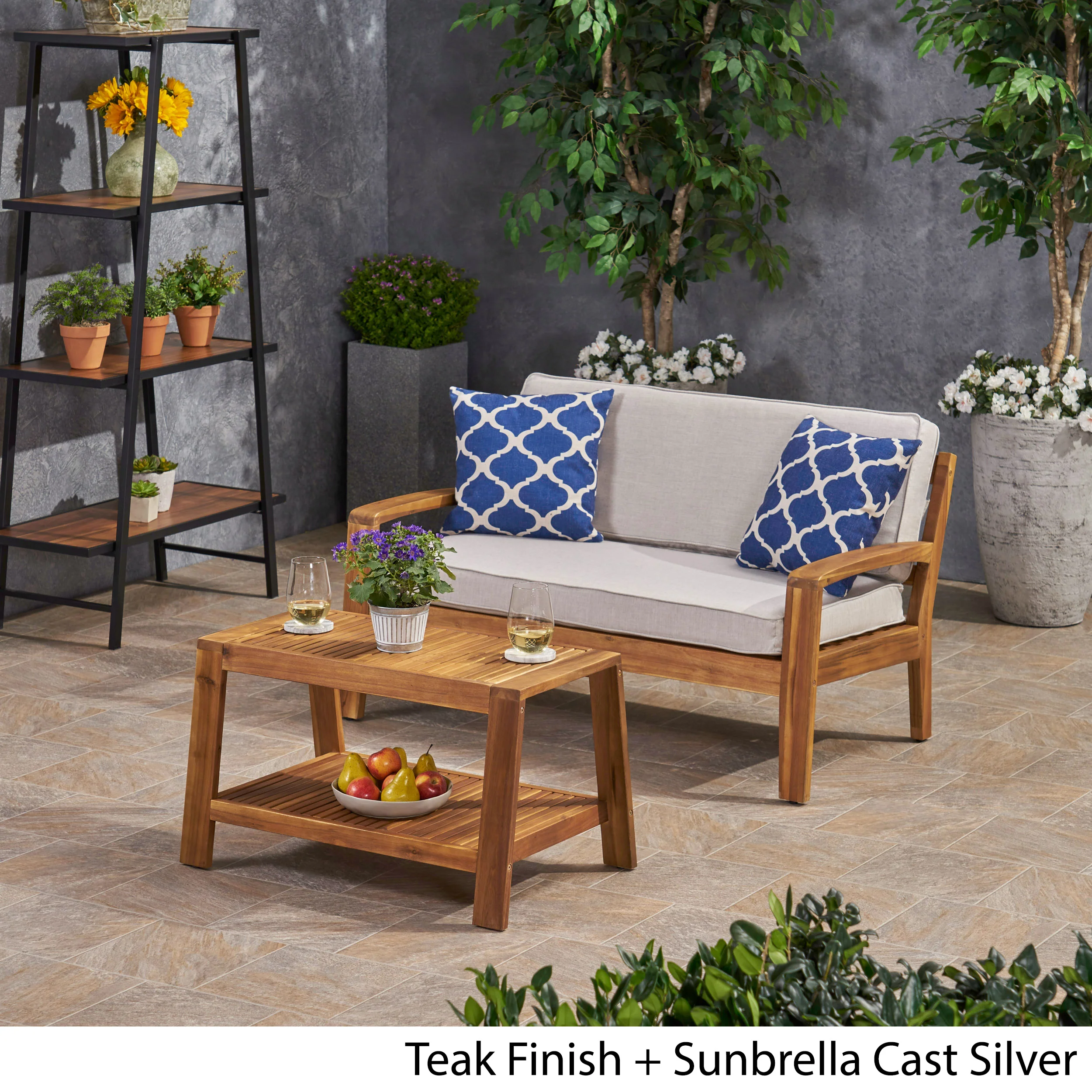 Parma Outdoor Acacia Wood Loveseat and Coffee Table Set with Sunbrella Cushions - furnishings