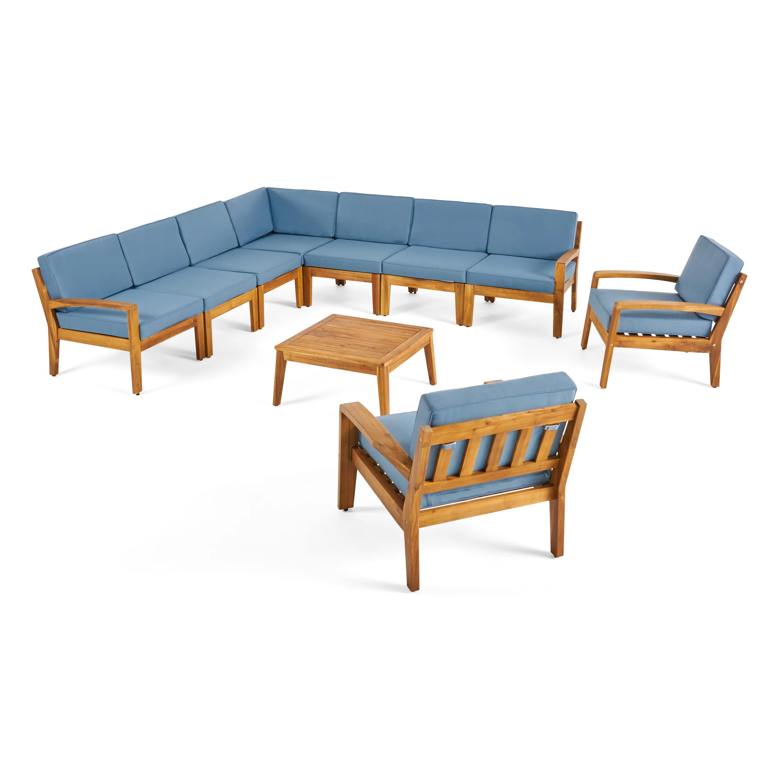 Madeline Outdoor Acacia Wood 9 Seater Sectional Sofa and Club Chair Set with Coffee Table - furnishings