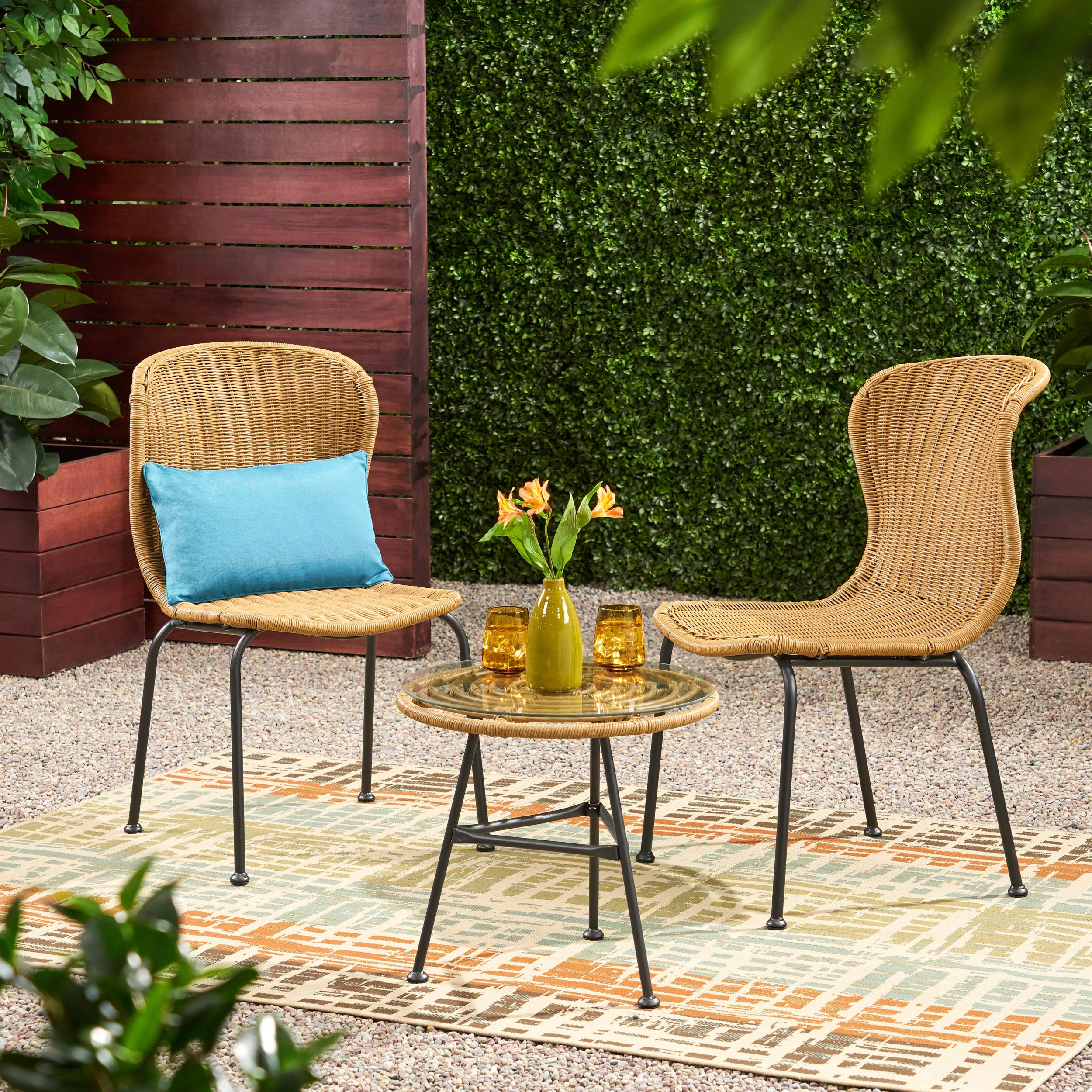 Akim Outdoor Boho Wicker 3 Piece Chat Set - furnishings