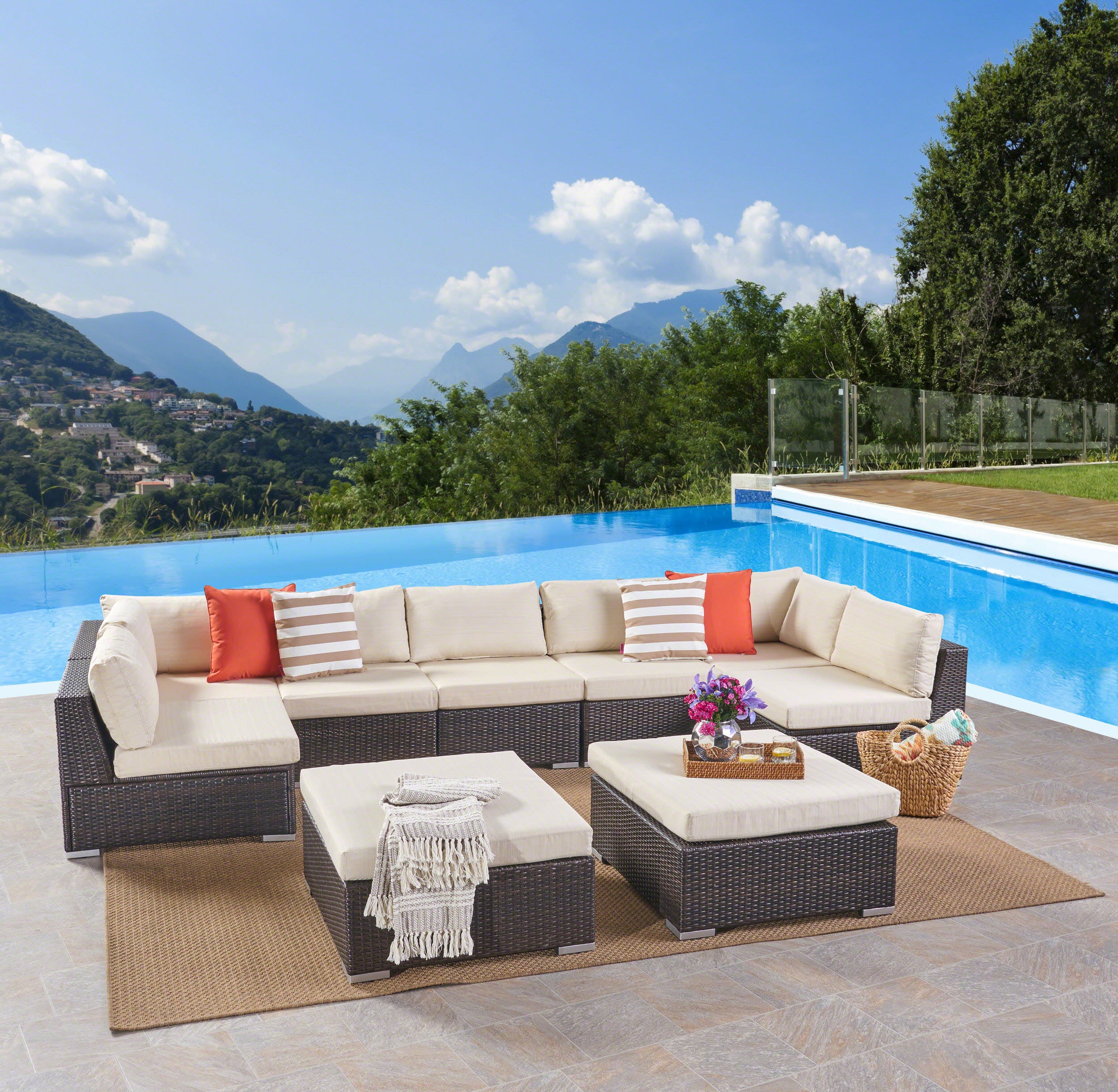 Tom Rosa Outdoor 7 Seater Wicker Sectional Sofa Set with Cushions - furnishings