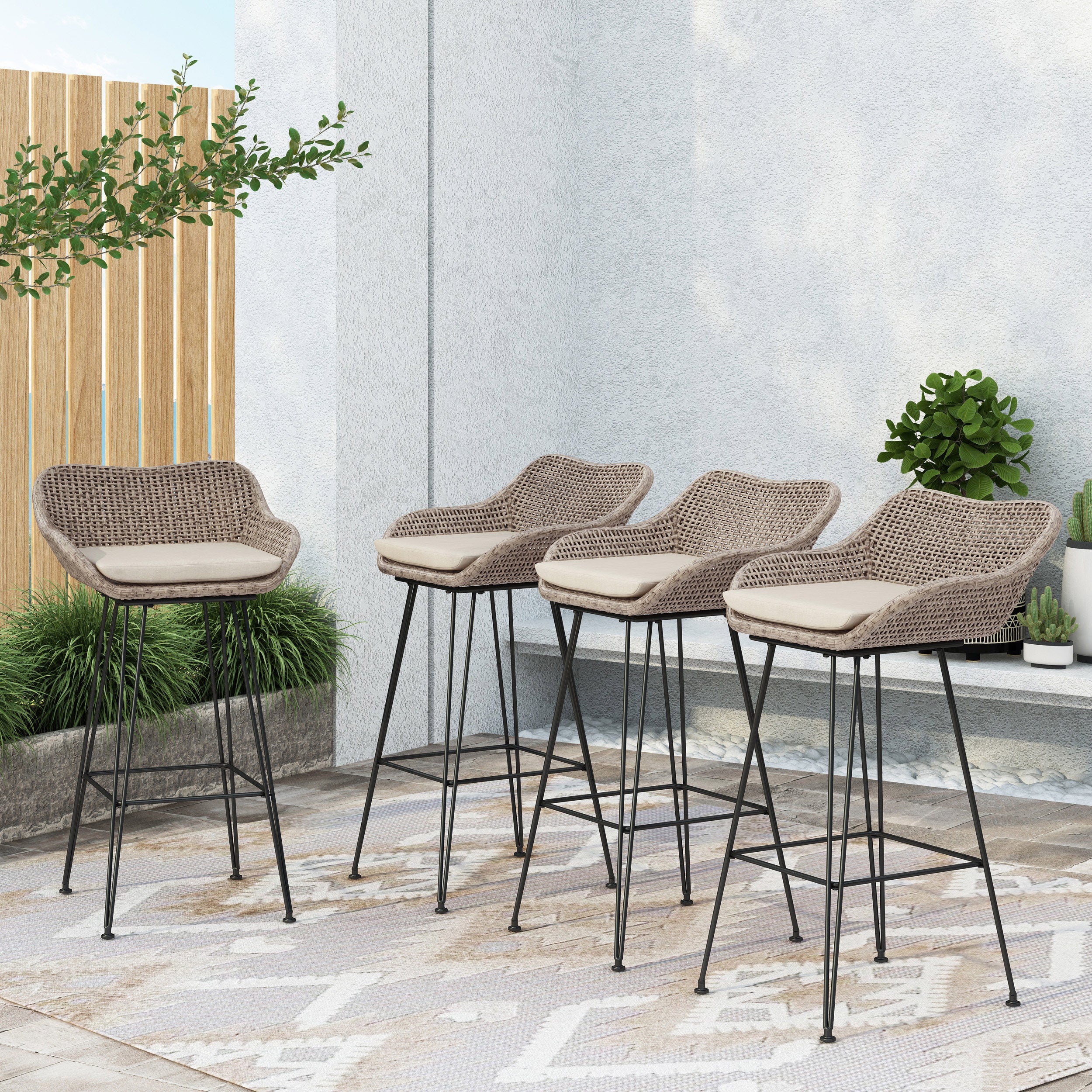 Pondway Outdoor Wicker and Iron Barstools with Cushion, Set of 4 - furnishings